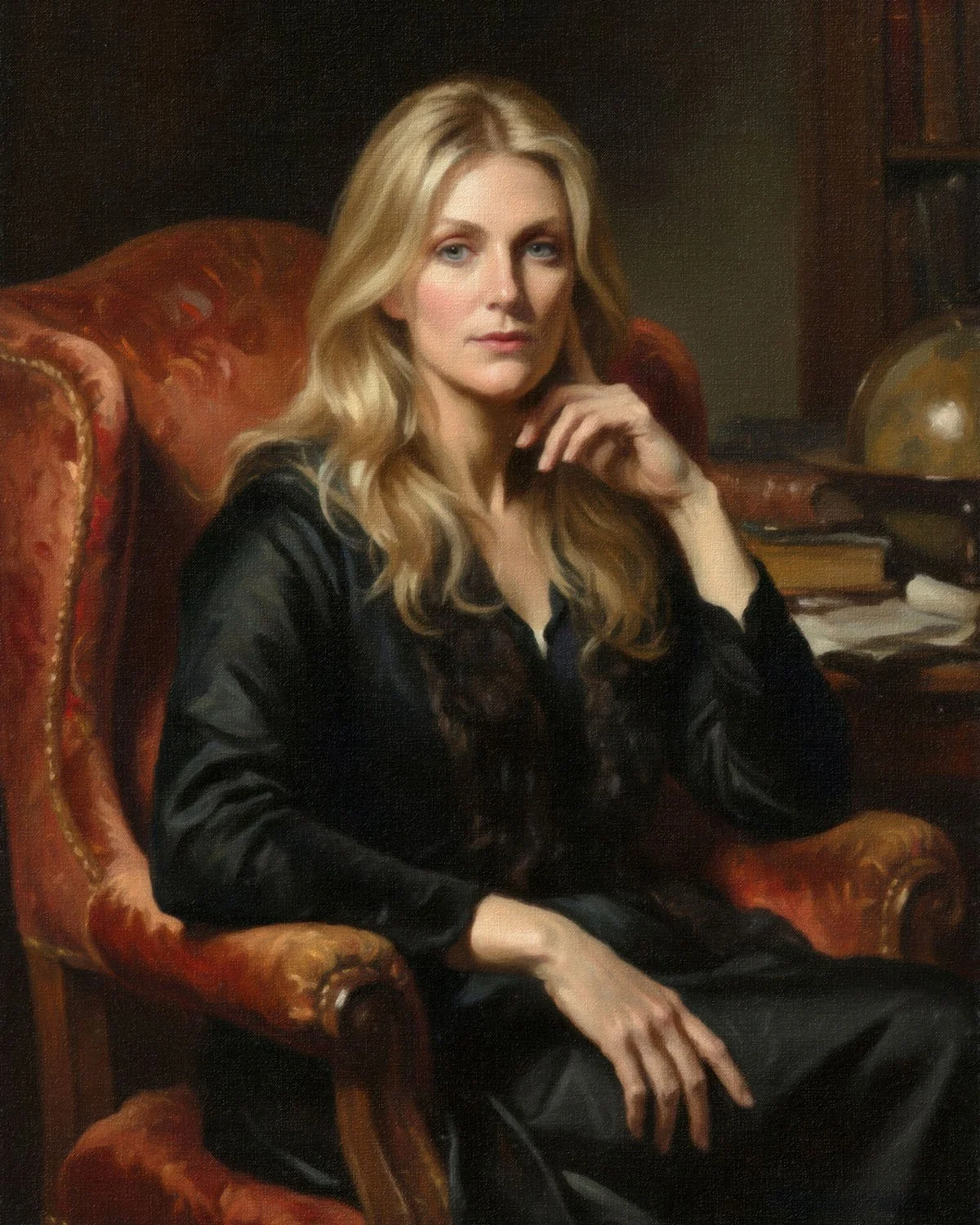 Painterly portrait of a blonde woman seated in an ornate armchair, wearing a black dress, rendered in a classical style. Portrait Alchemy.