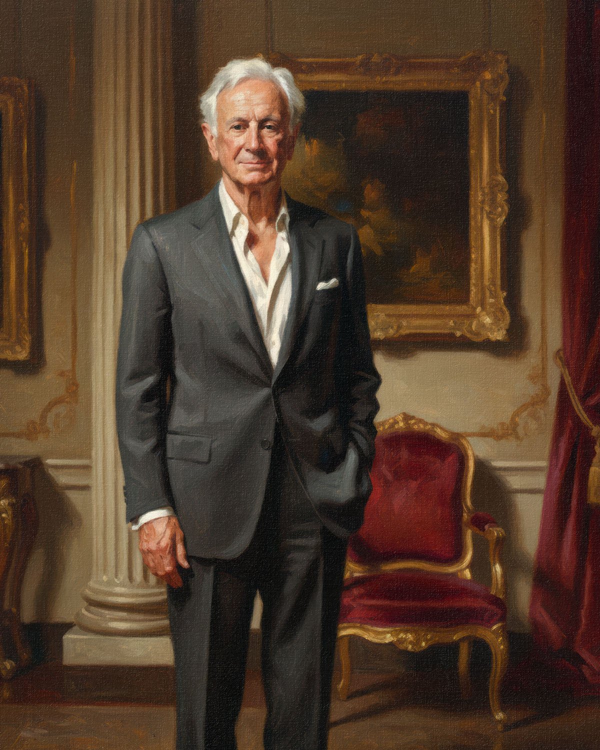 Painterly full-length portrait of an elegant older man in a charcoal suit, standing in a classical interior with gilded frame and red velvet chair. Portrait Alchemy.