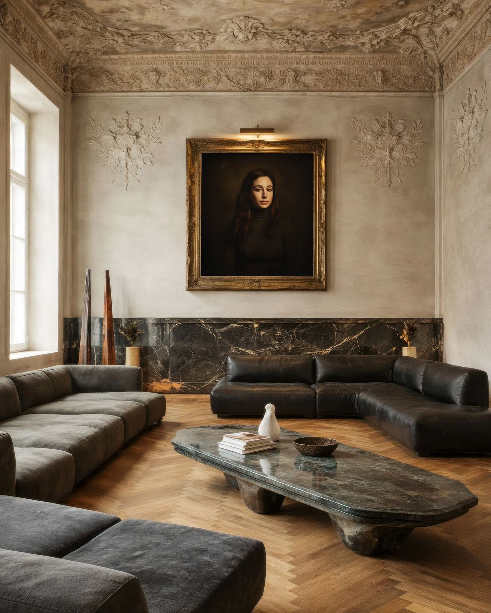 Framed painted portrait displayed in a Montecito living room.