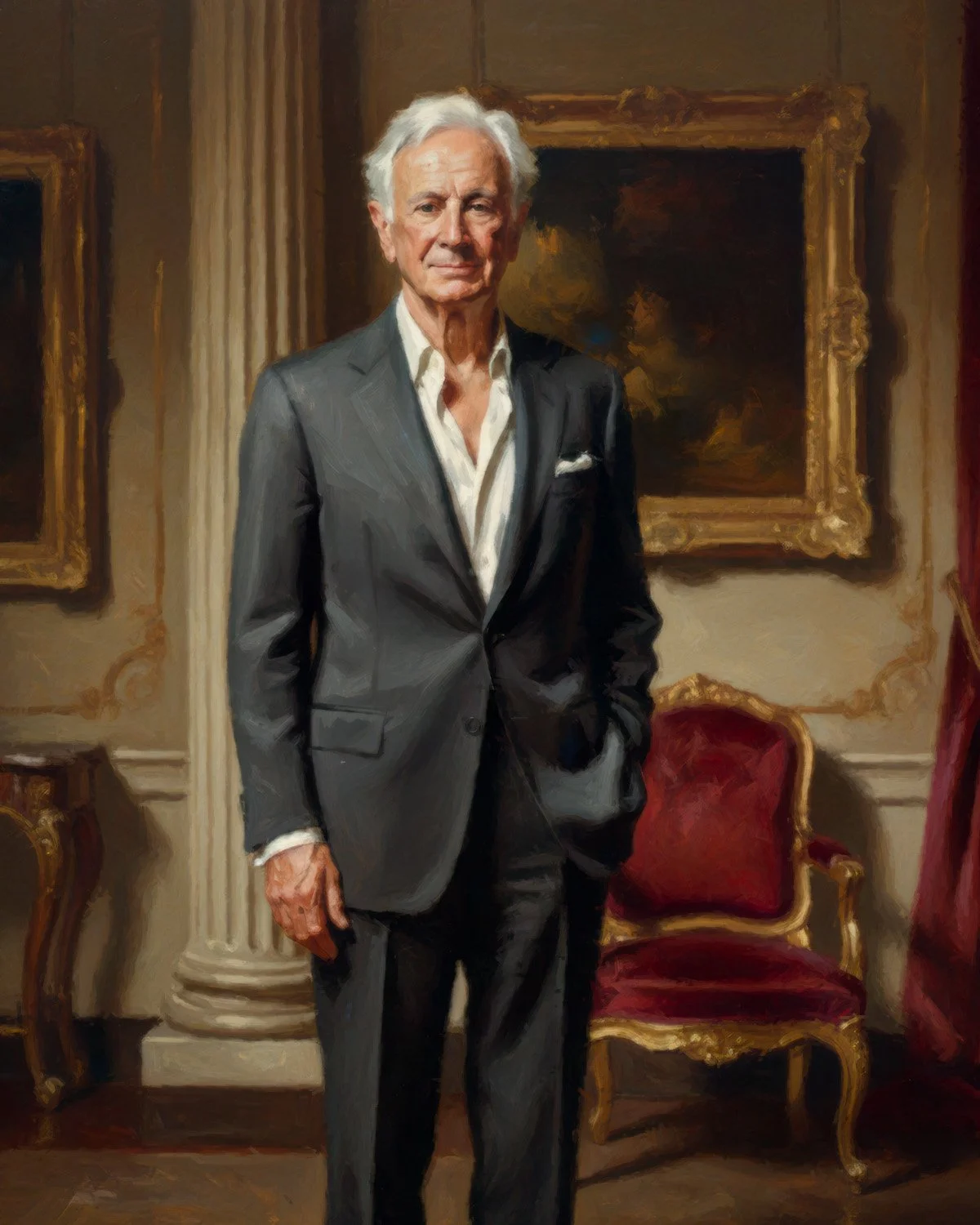 Painterly full-length portrait of an older man in a dark suit, standing in an elegant interior with a column and framed artwork.