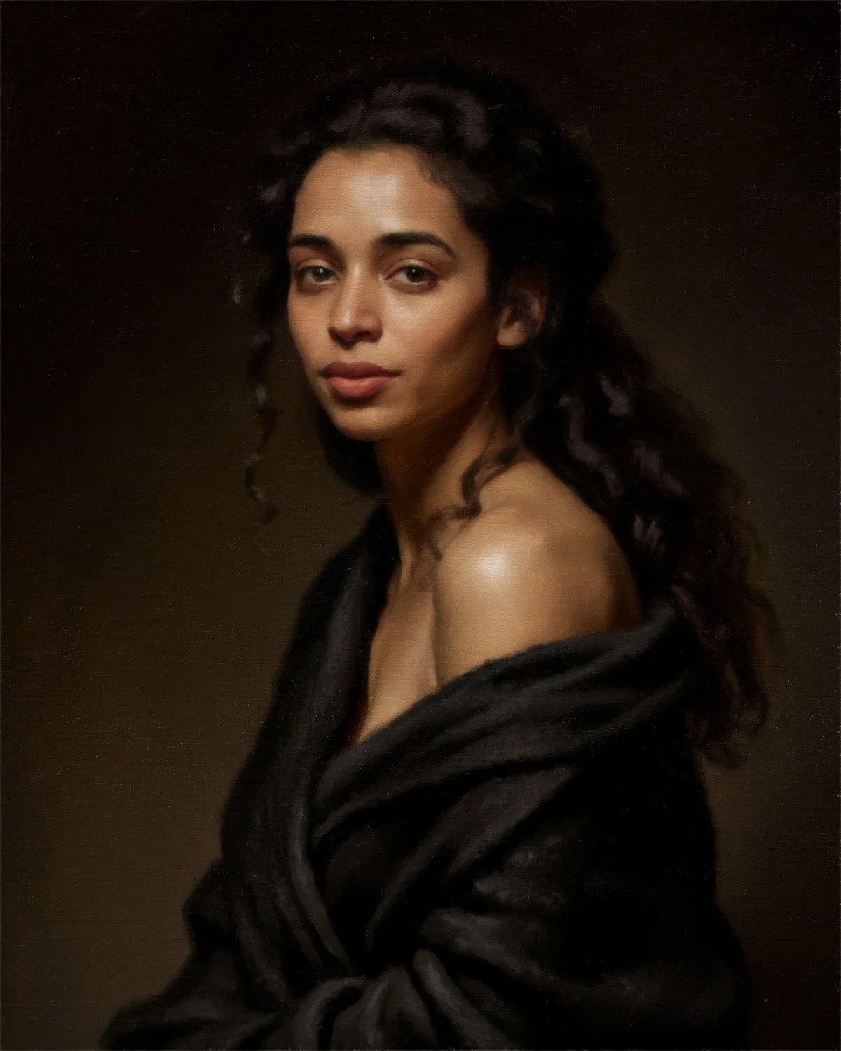Painterly portrait of a woman in a dark wrap, softly lit against a warm dark background, in a classic oil-painting style.