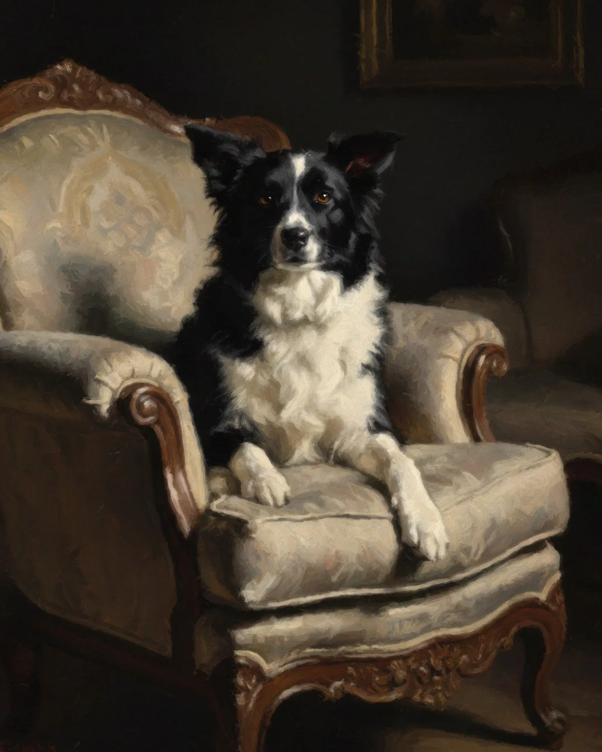 Painterly pet portrait of a black-and-white dog sitting on an ornate upholstered armchair against a dark background.