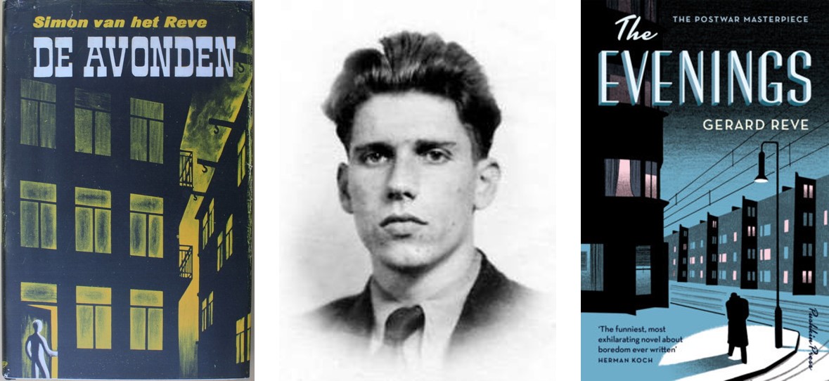 From left to right: the first edition (under the name of Simon van het Reve), a picture of Reve around the time he wrote The Evenings, and the cover of the English edition.