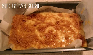 `To ensure that the bread doesn't stick I oil the pan, then line it with parchment paper. `Once the batter is in the pan, sprinkle the brown sugar on top. Once this puppy bakes, the brown sugar caramelizes and adds a sweet crunch to the bread. `Bake for one hour, then enjoy warm from the oven. Sadly, I have no pictures of the bread once out of the oven. I forgot to take pictures and we ate it. I hope you guys make this bread! You'll love me for it, promise.