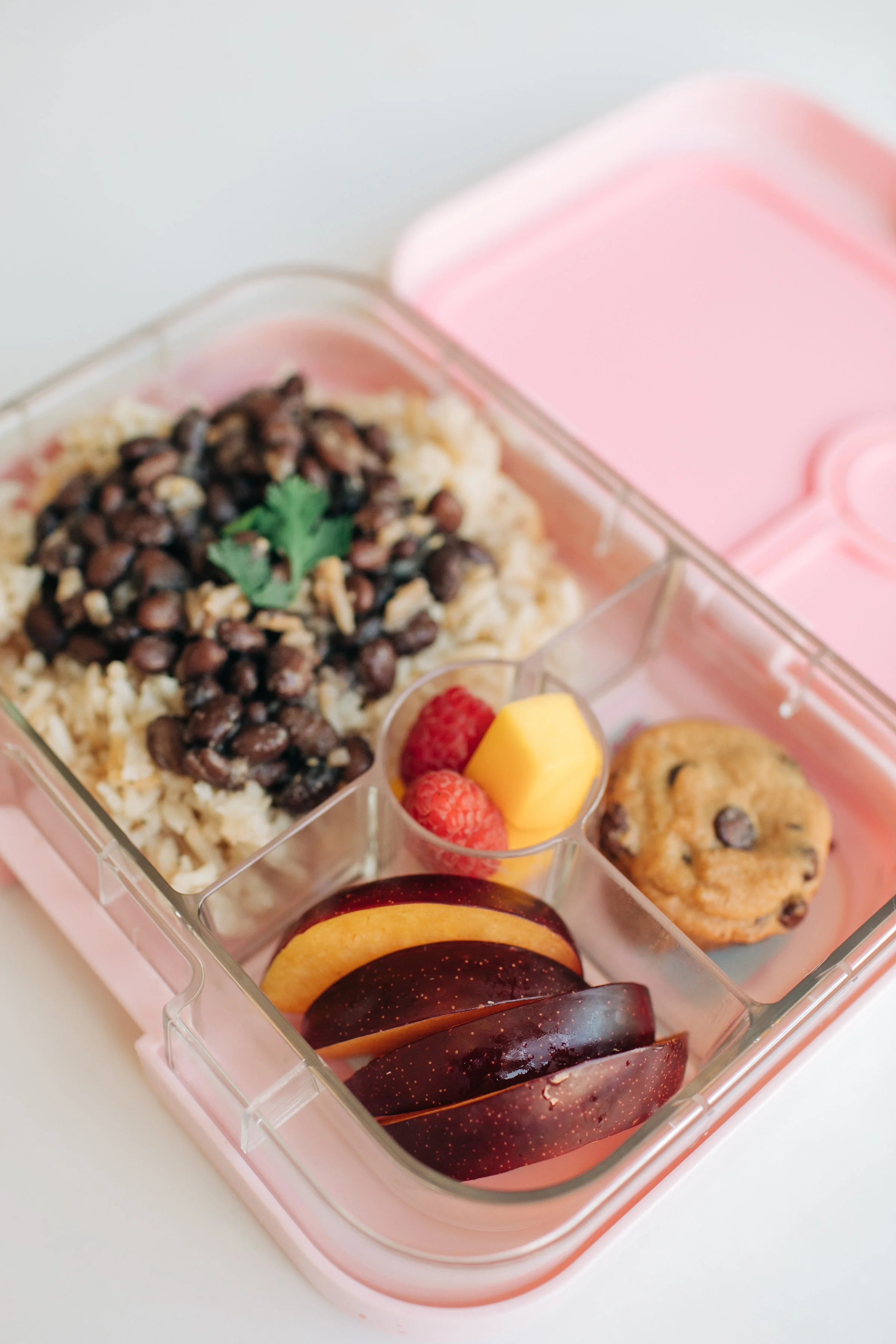 This lunch is a favorite! Mila will eat rice for every meal if I’d let her. If you ask her what she wants for dinner she’ll more than likely say “Rice and beans!” or “PIZZA!” She loves when I pack rice and beans for her lunch (her preschool warms it for her). In this lunch here I’ve loaded up on fruit with raspberries, mango pieces, and plum slices. Two mini chocolate chip cookies and a portion of brown rice with black beans. This Yumbox here is the Panino style!