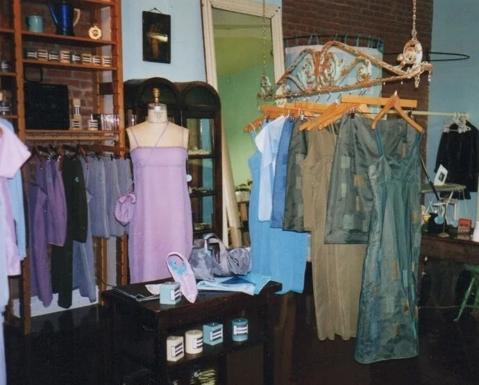 Mabel the dress form in full glory and center stage at the designer's boutique. Today, Mabel is retired and perched in the corner of the designer' dining room in Pacific Palisades, CA. But sometimes, the designer still drapes a few muslins on her now and then to keep Mabel happy!