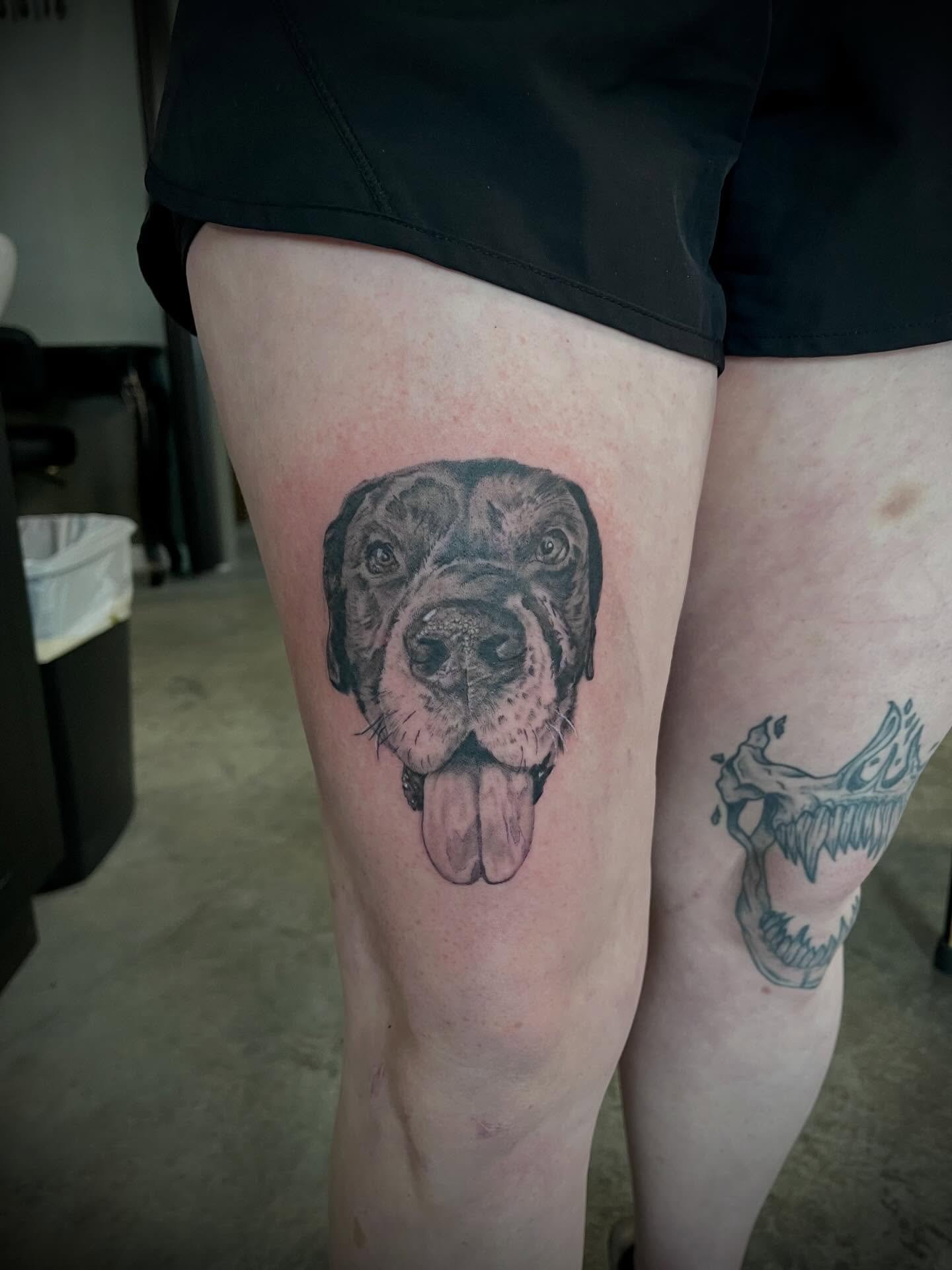 Had the privilege of creating this memorial piece for a lovely pup. Thanks for the trust, Jazmine. Appreciate you checking it out. #tattoo #tattooartists #tattooing #portraittattoo #blackandgreytattoo