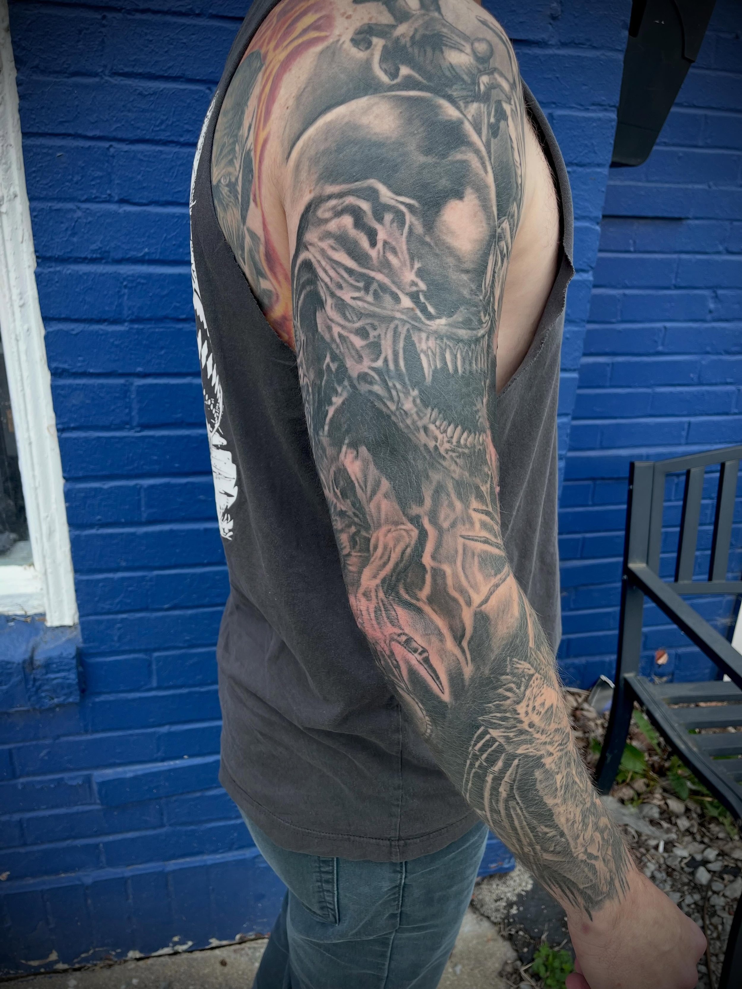 Finished project. Had a blast with this one. Thanks for the trust Daniel! #tattoo #horror #blackandgreytattoo #tattooartist #indiana