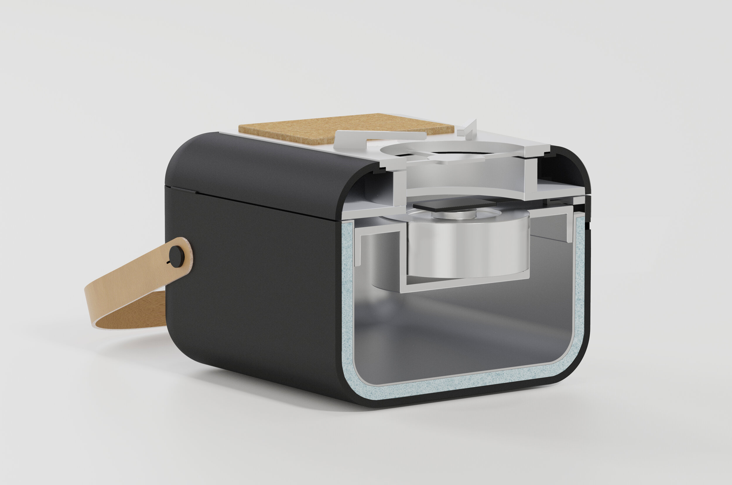 Cross section showing insulation and interior parts.