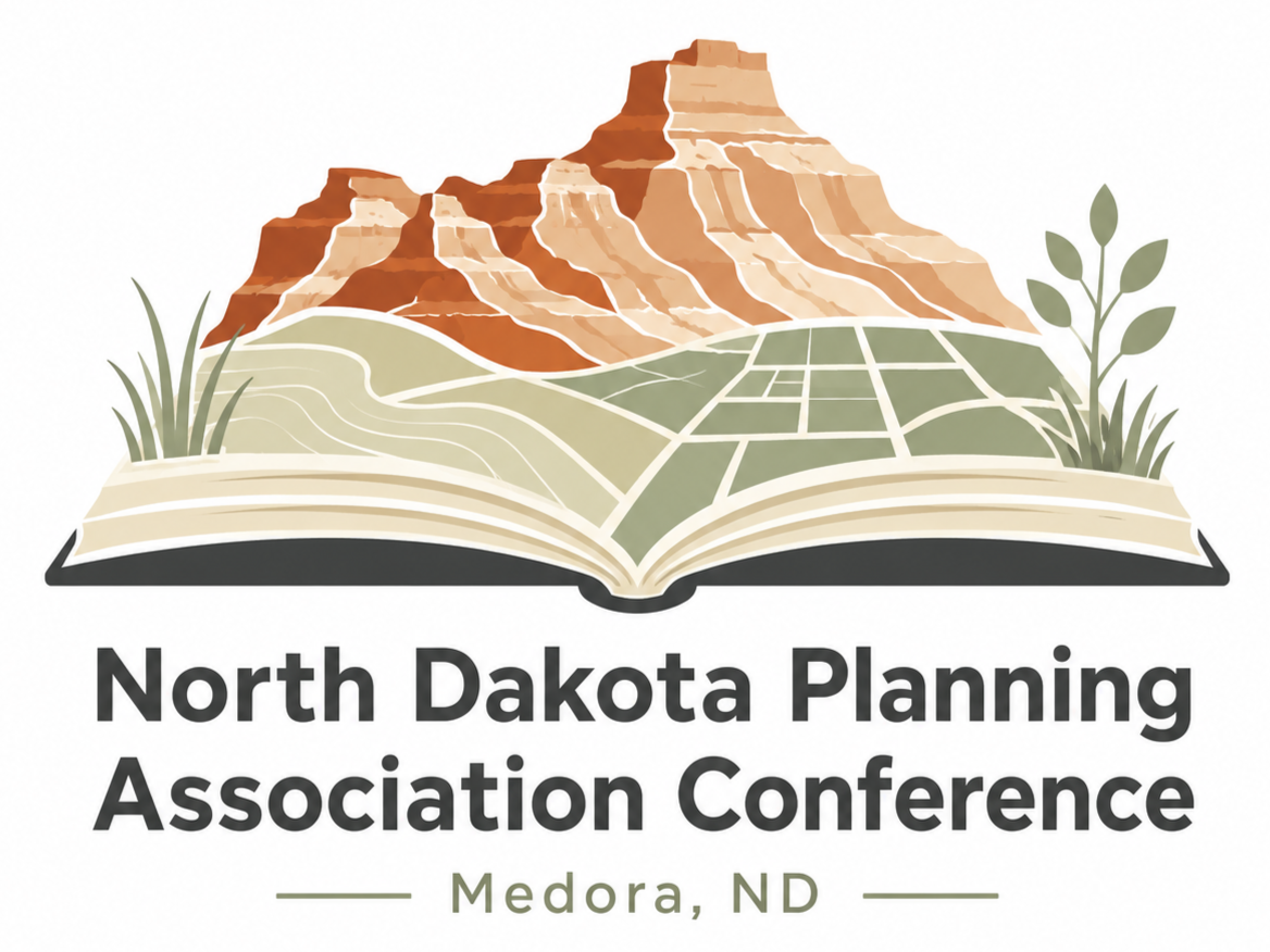 conference logo with badlands, grass, subdivisions artistically designed in a book.