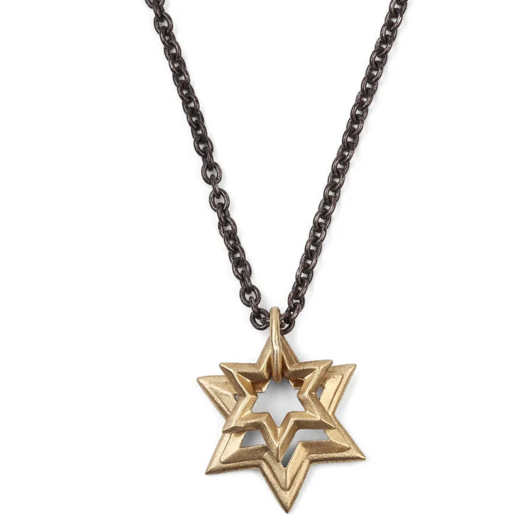 Gold Star of David Trio on Oxidized Chain Necklace|O / S 26 Inches