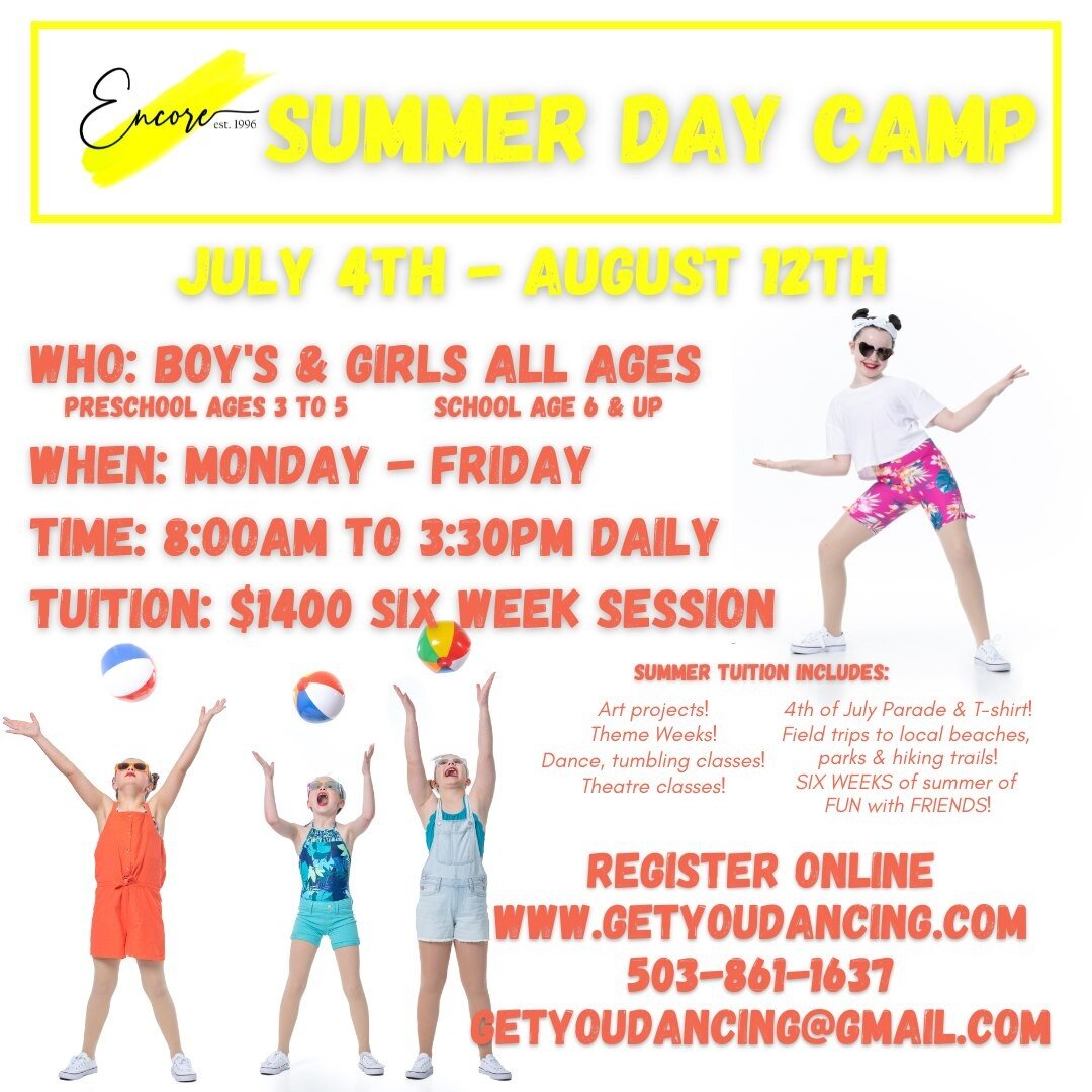 Full Day Summer Camp with FRIENDS at ENCORE! We've got one more spot to fill and our camp roster will be complete. Give us a shout if you want the last spot!
Register NOW online:
https://www.getyoudancing.com/register
Call - 503-861-1637
Email - gety