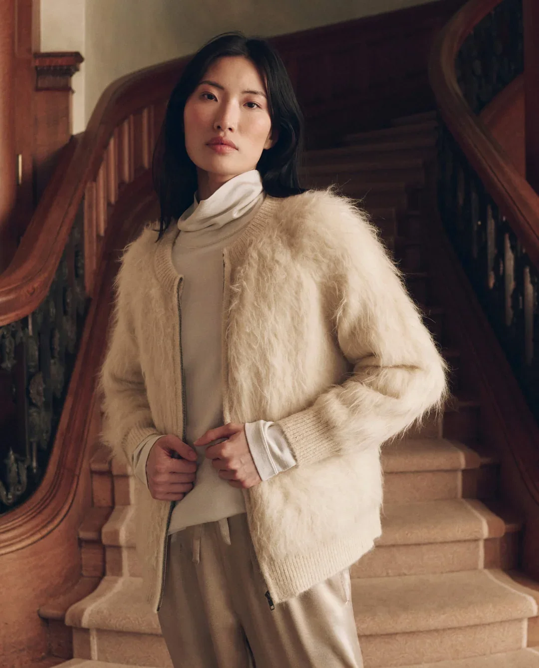 The Great. Fuzzy Bomber Sweater in Cream