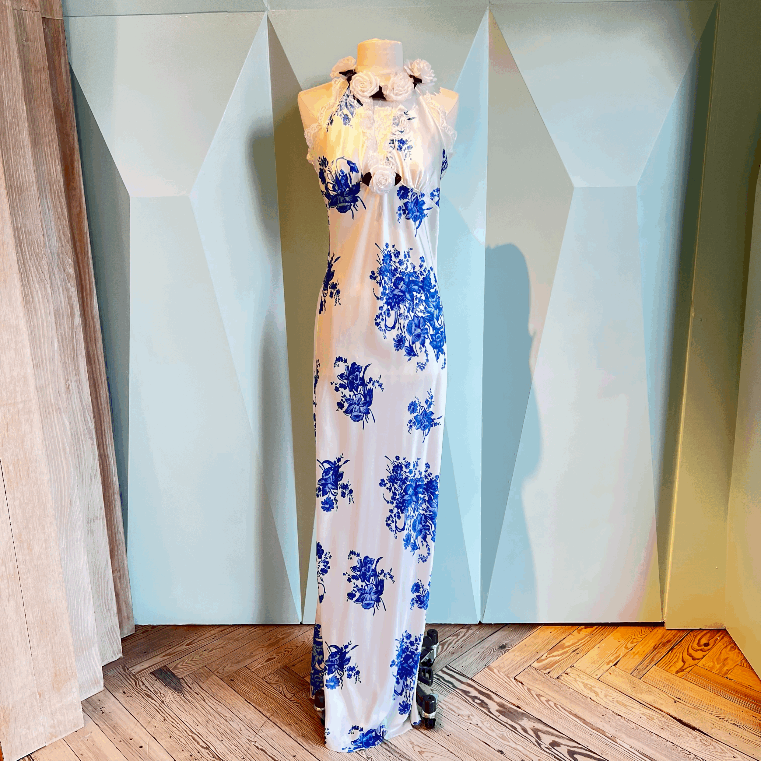 Rodarte Blue and White Floral Printed Silk Bias Dress - Size 6 Only