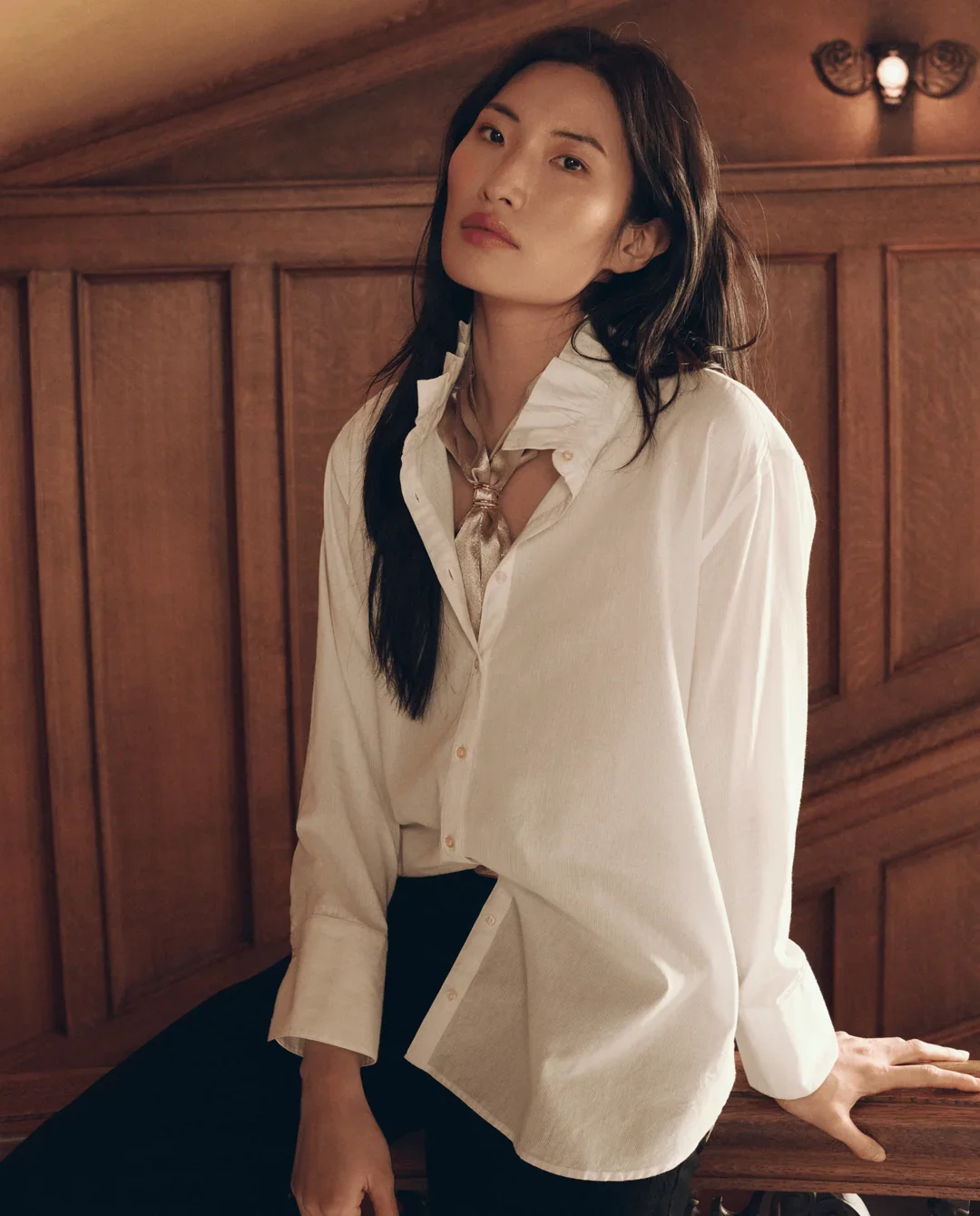 The Great. Ruffle Neck Shirt in White