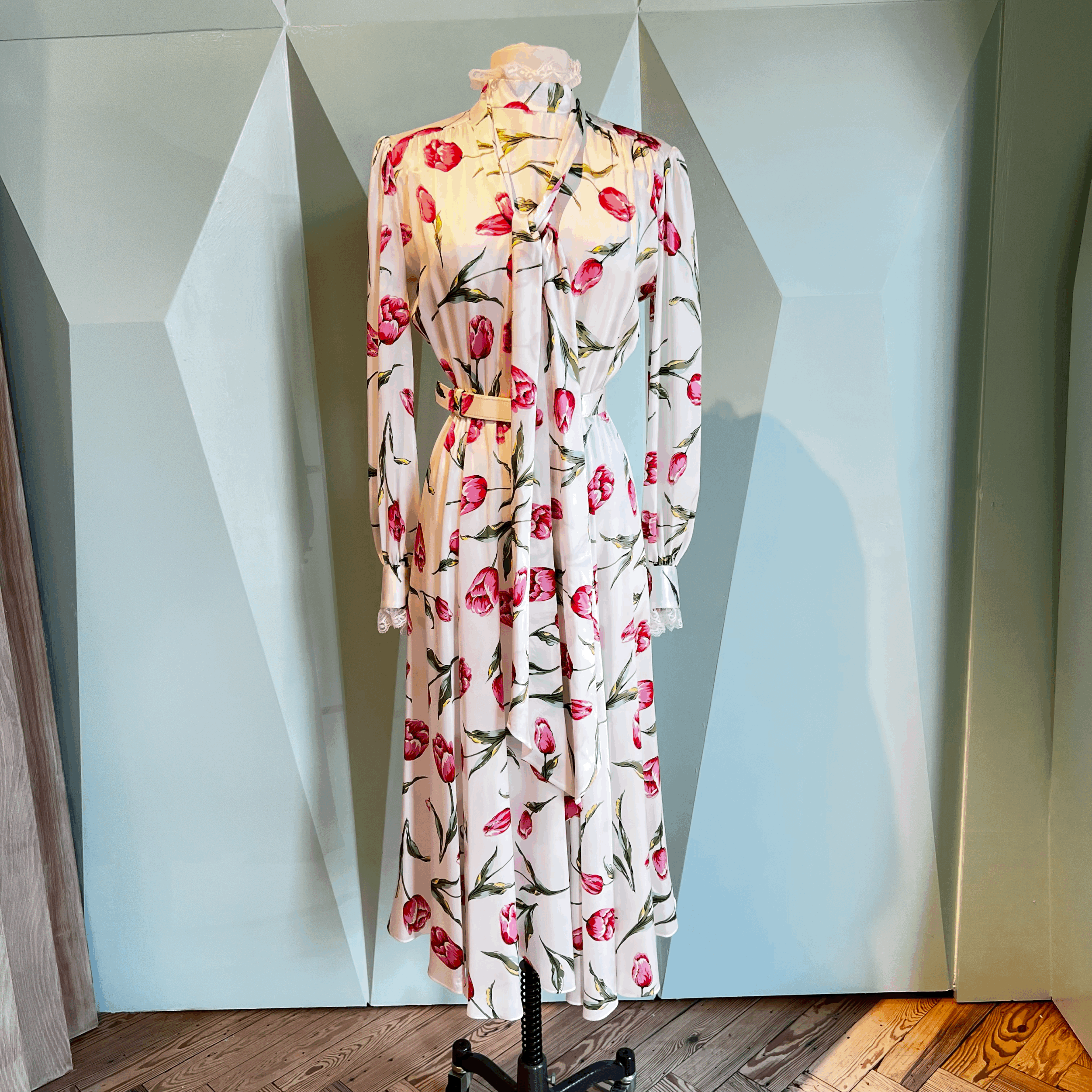 Rodarte Tulip Printed Silk Tie Neck Dress with Lace Trim