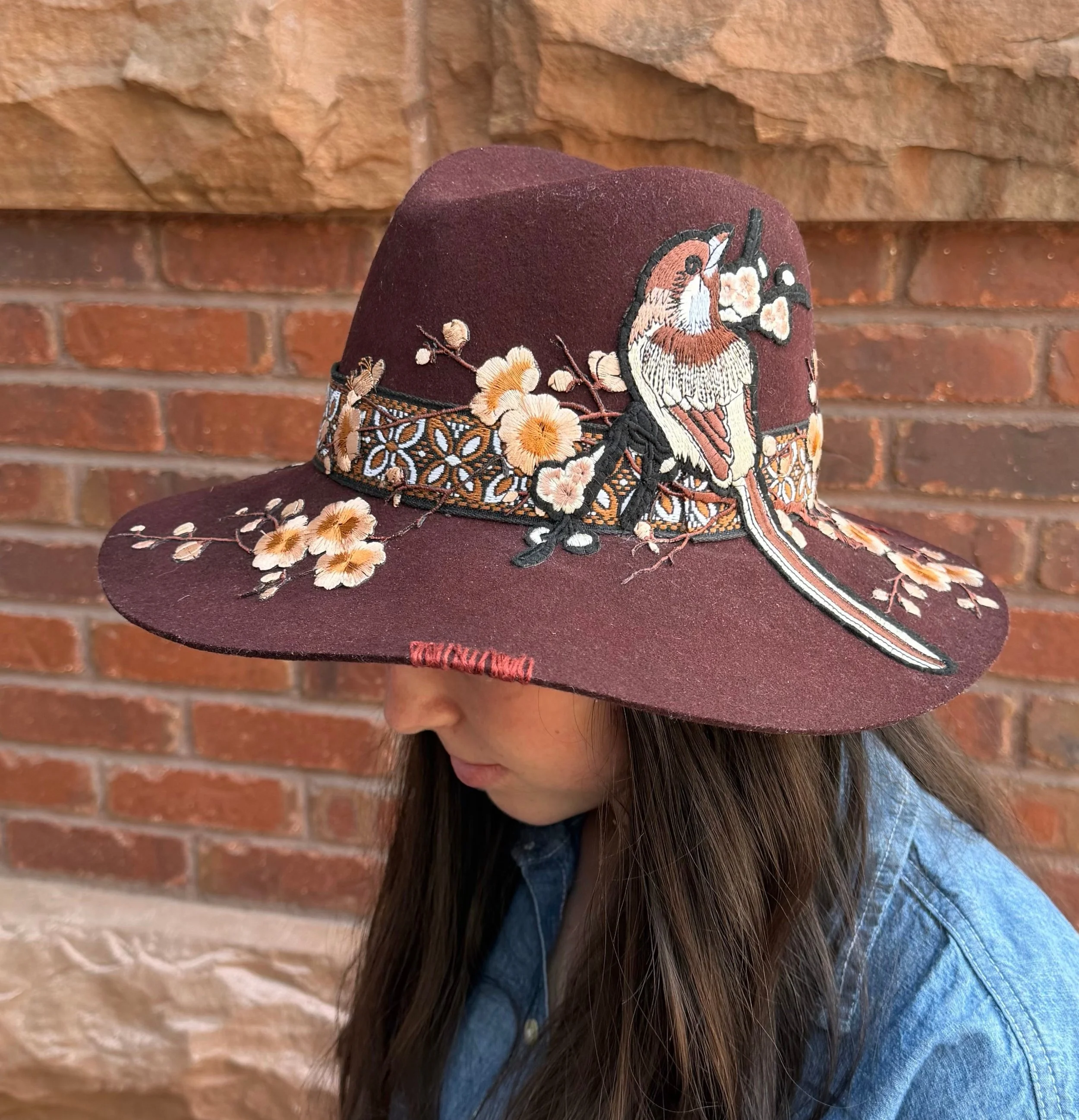Very Bent Burgundy Janessa Hat with Birds and Cherry Blossoms
