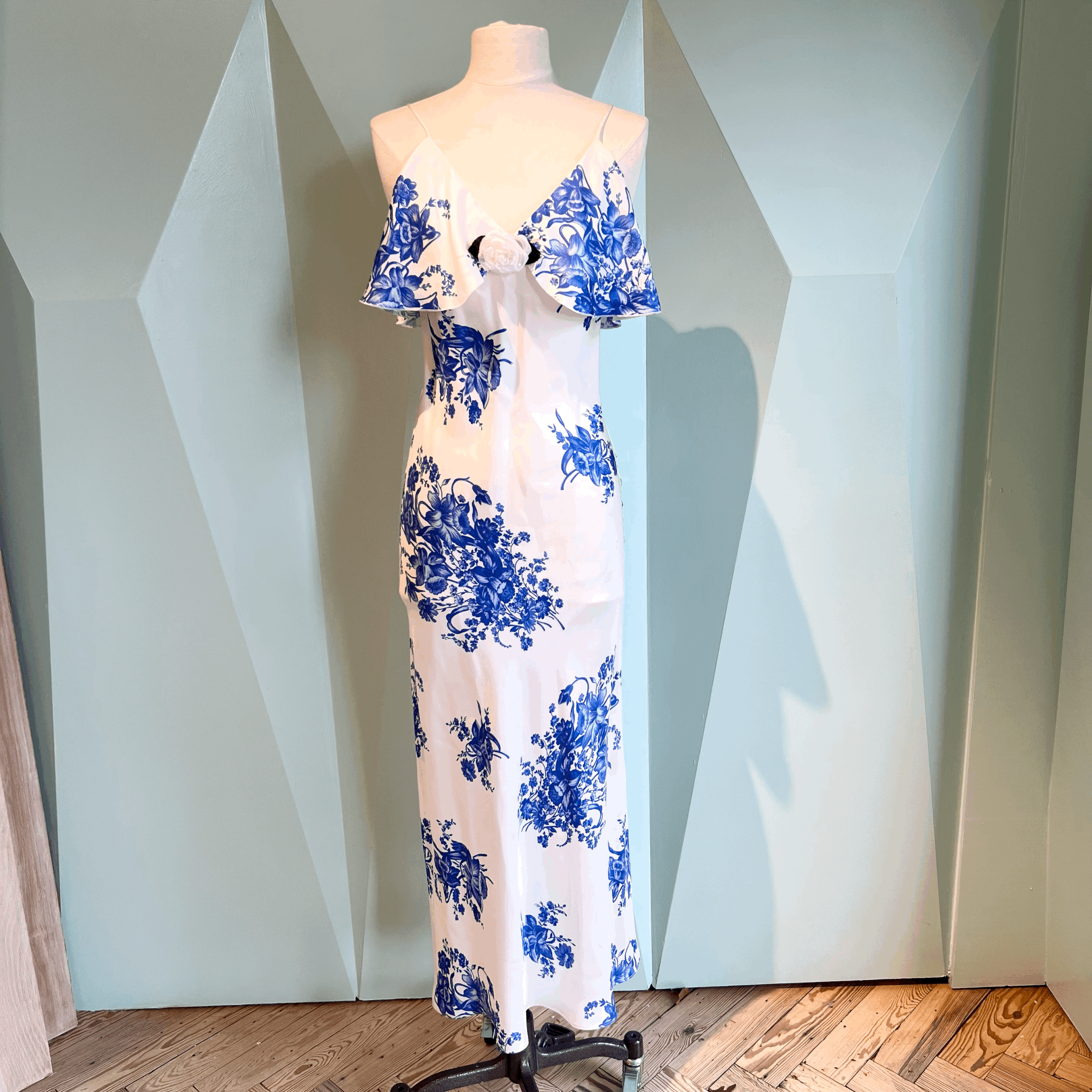 Rodarte White and Blue Floral Printed Silk Twill Bias Slip Dress with Ruffle Bust and Silk Flower SIZE 2 ONLY