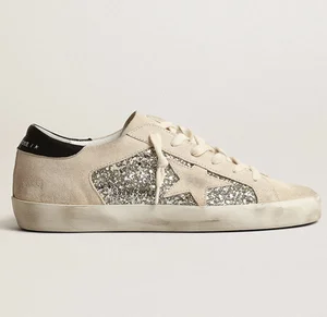Golden Goose Superstar Platinum Glitter and Beige Suede Upper  