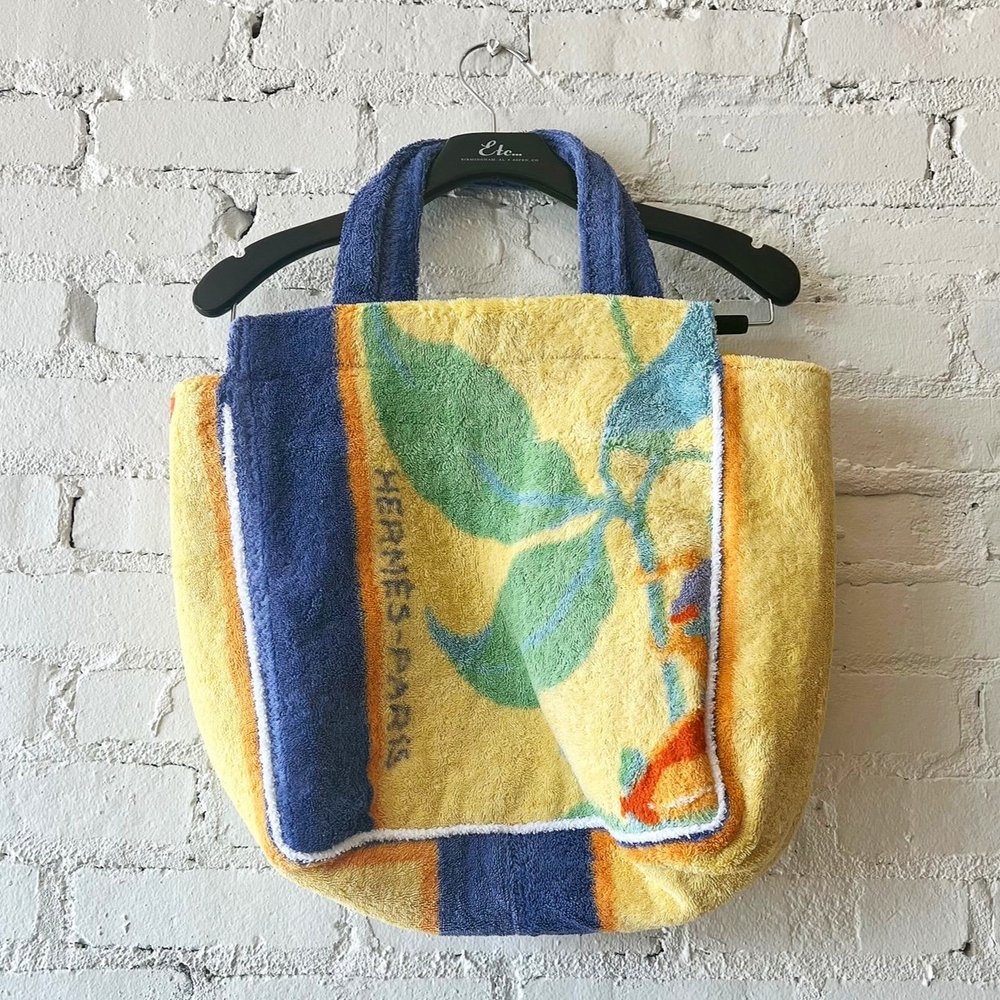 Lily Eve Hermes Terry Cloth Cabana Tote with Yellow and Purple Flowers —  Etc