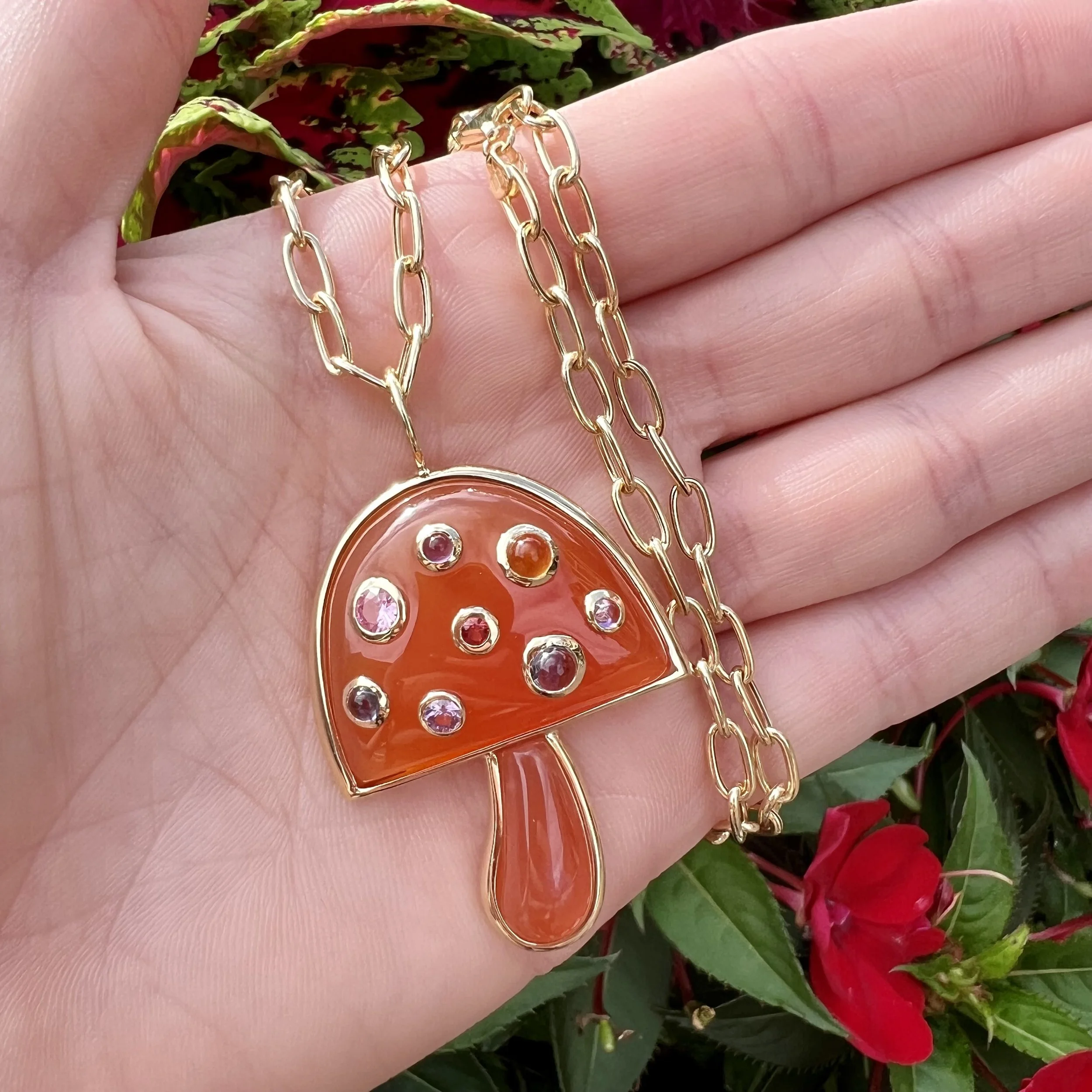 Brent Neale Large Magic Mushroom on 18" Chain in Carnelian with Multi Sapphire