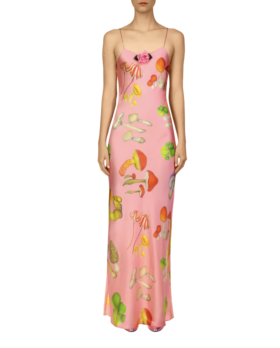 rodarte evening dresses RODARTE Floral Printed Silk Bias Slip Gown With Ruffle Sleeves And Silk Flower 2