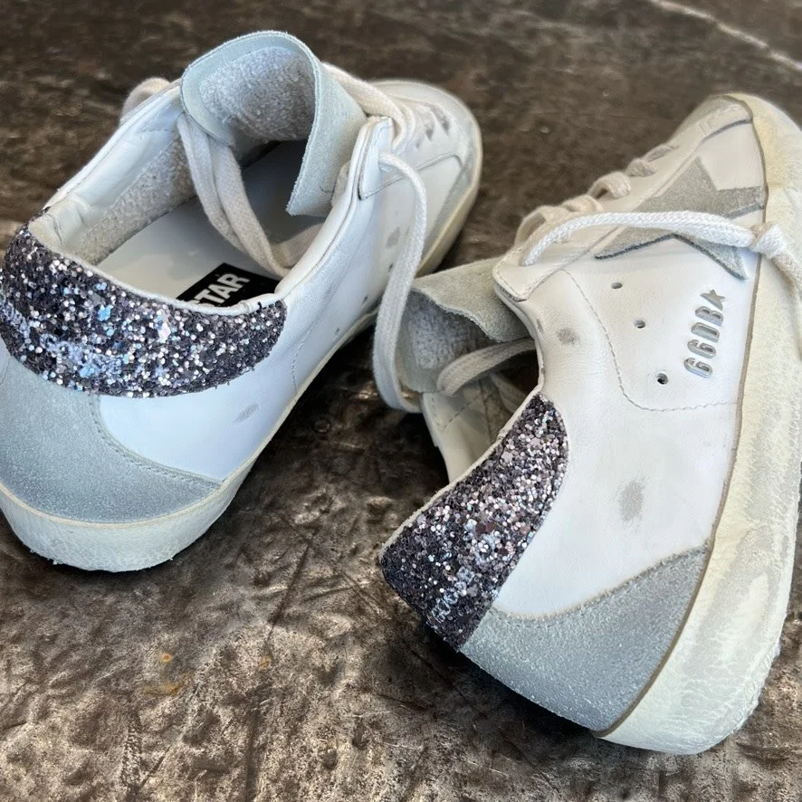 Back Of Golden Goose Super-Star Sneakers In Gray-white Glitter