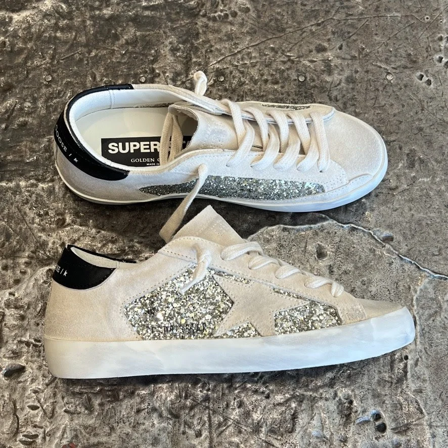 Golden Goose Superstar Platinum Glitter and Beige Suede Upper Suede Toe and  Star with Black Nappa Heel GG162 —