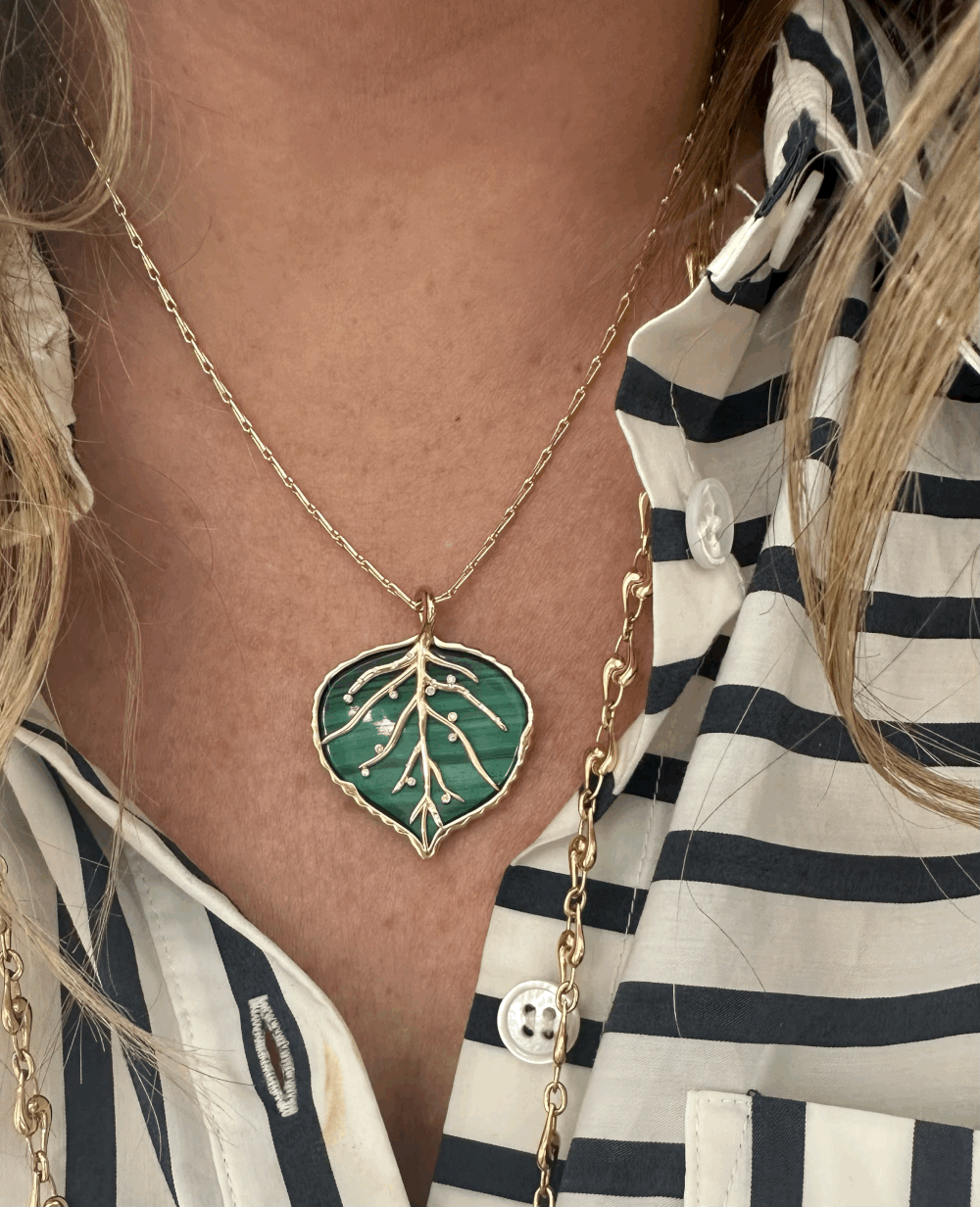 Brent Neale Carved Malachite and 18K Gold Large Aspen Leaf
