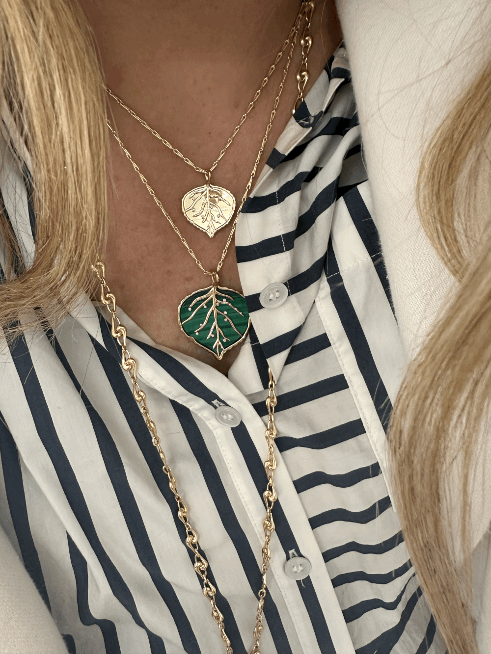Brent Neale Carved Malachite and 18K Gold Large Aspen Leaf