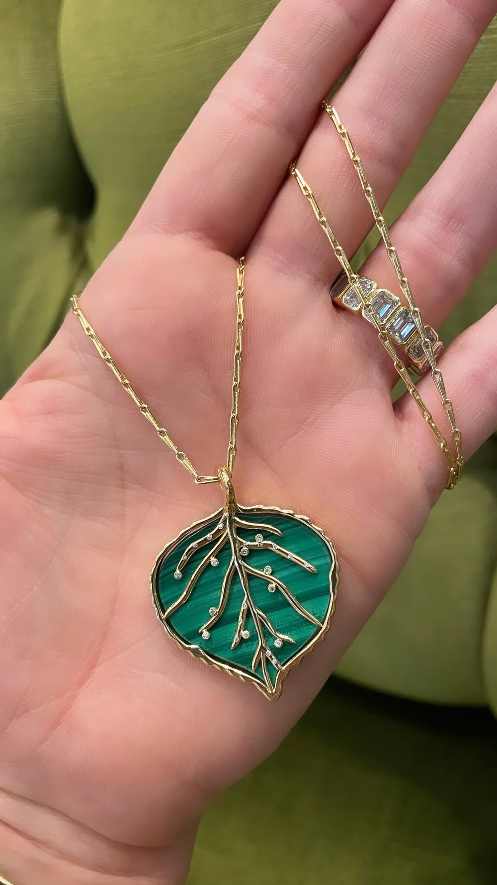 Brent Neale Carved Malachite and 18K Gold Large Aspen Leaf