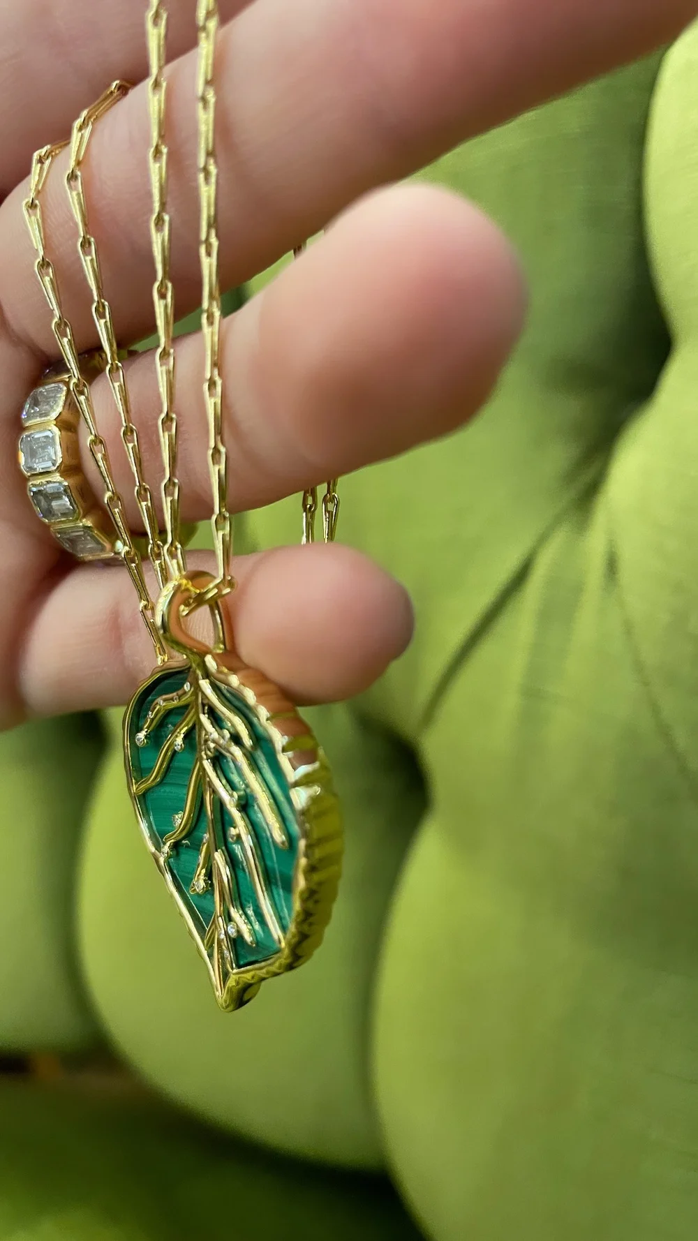Brent Neale Carved Malachite and 18K Gold Large Aspen Leaf
