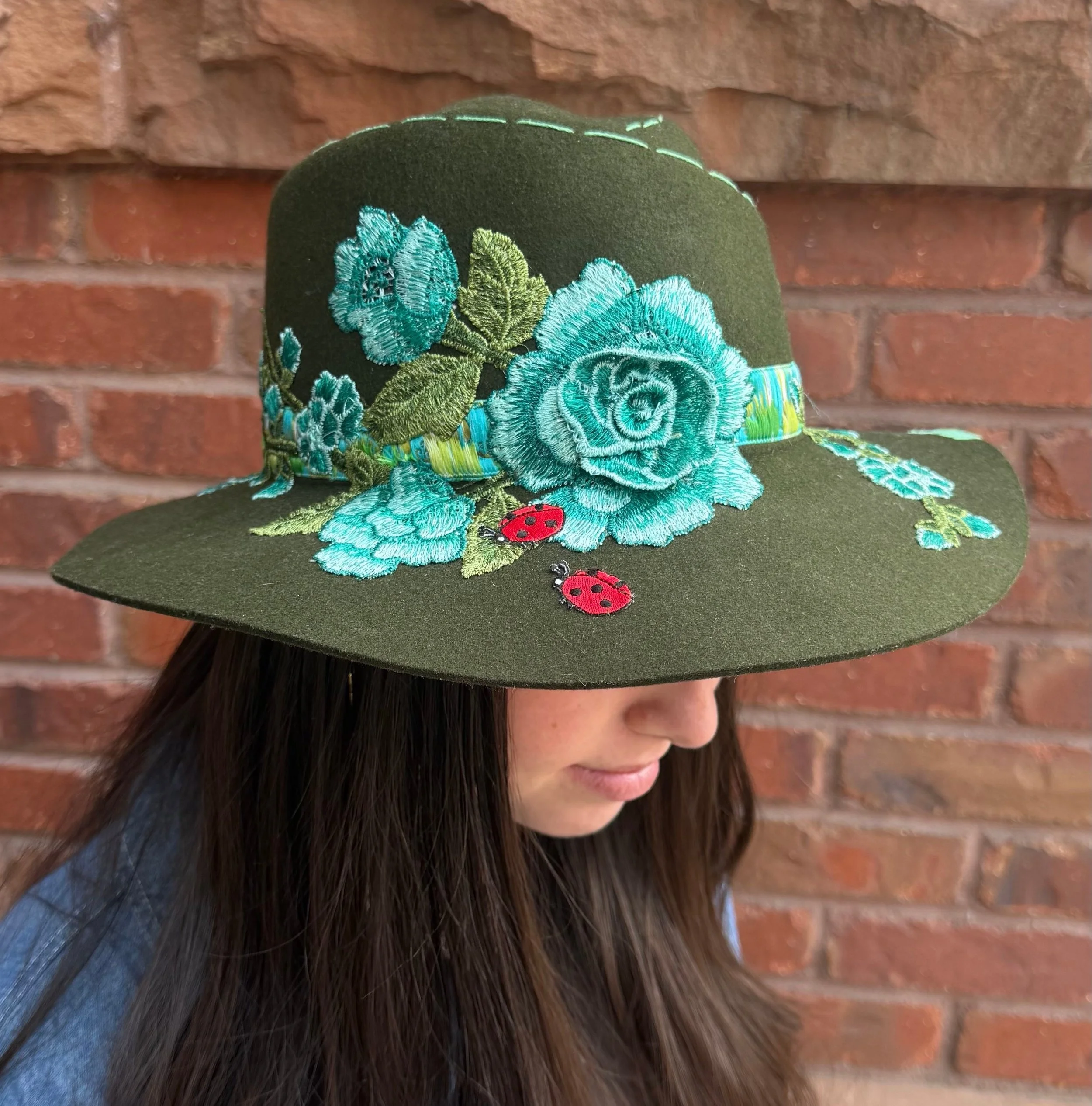 Very Bent "Garden Party" Folded Felt Olive Fedora with Roses, Amanita, and Ladybugs