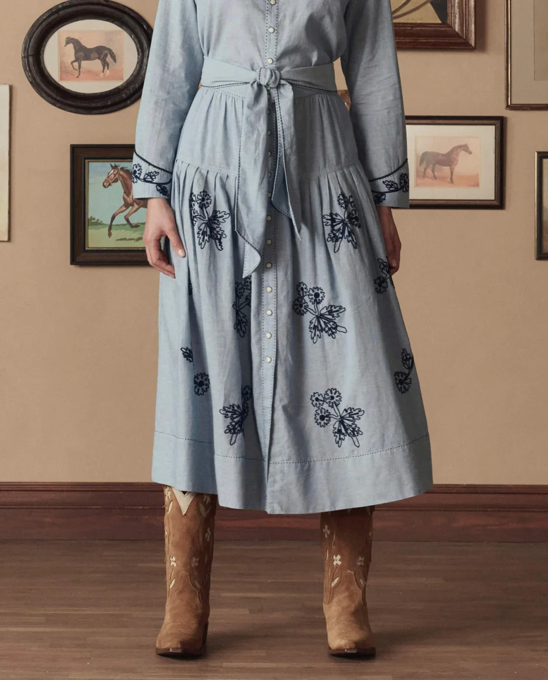 The Great x Stetson Chambray Embroidered Highland Skirt