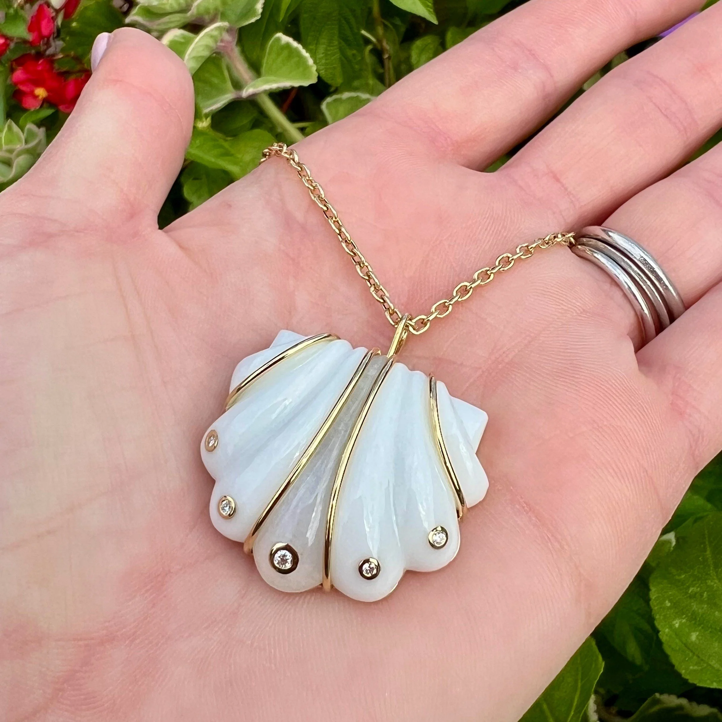 Brent Neale Small Carved Shell Pendant - White Agate and Moonstone