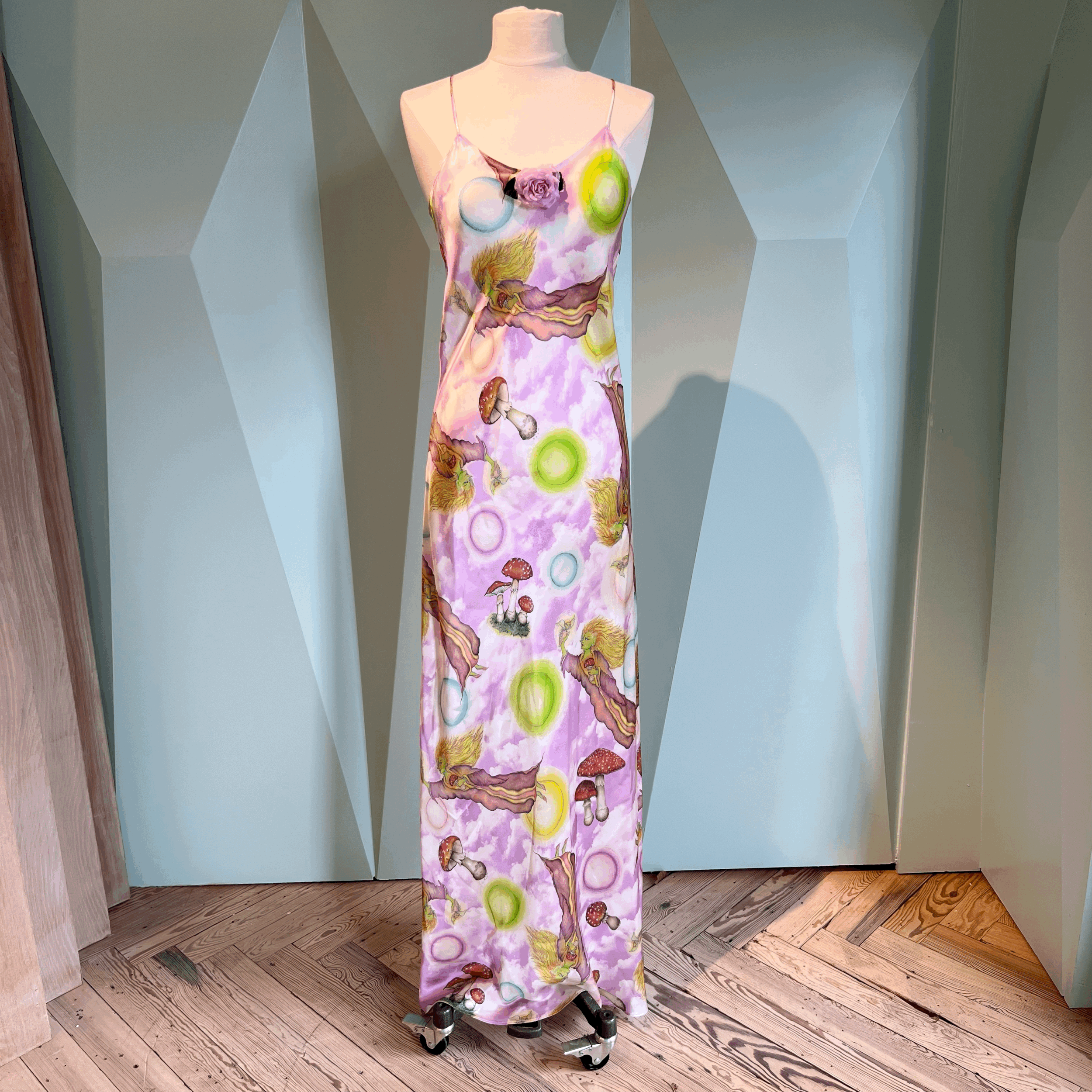 Rodarte Lavender Cloud and Fairy Printed Silk Satin Bias Slip Dress - Gown Length