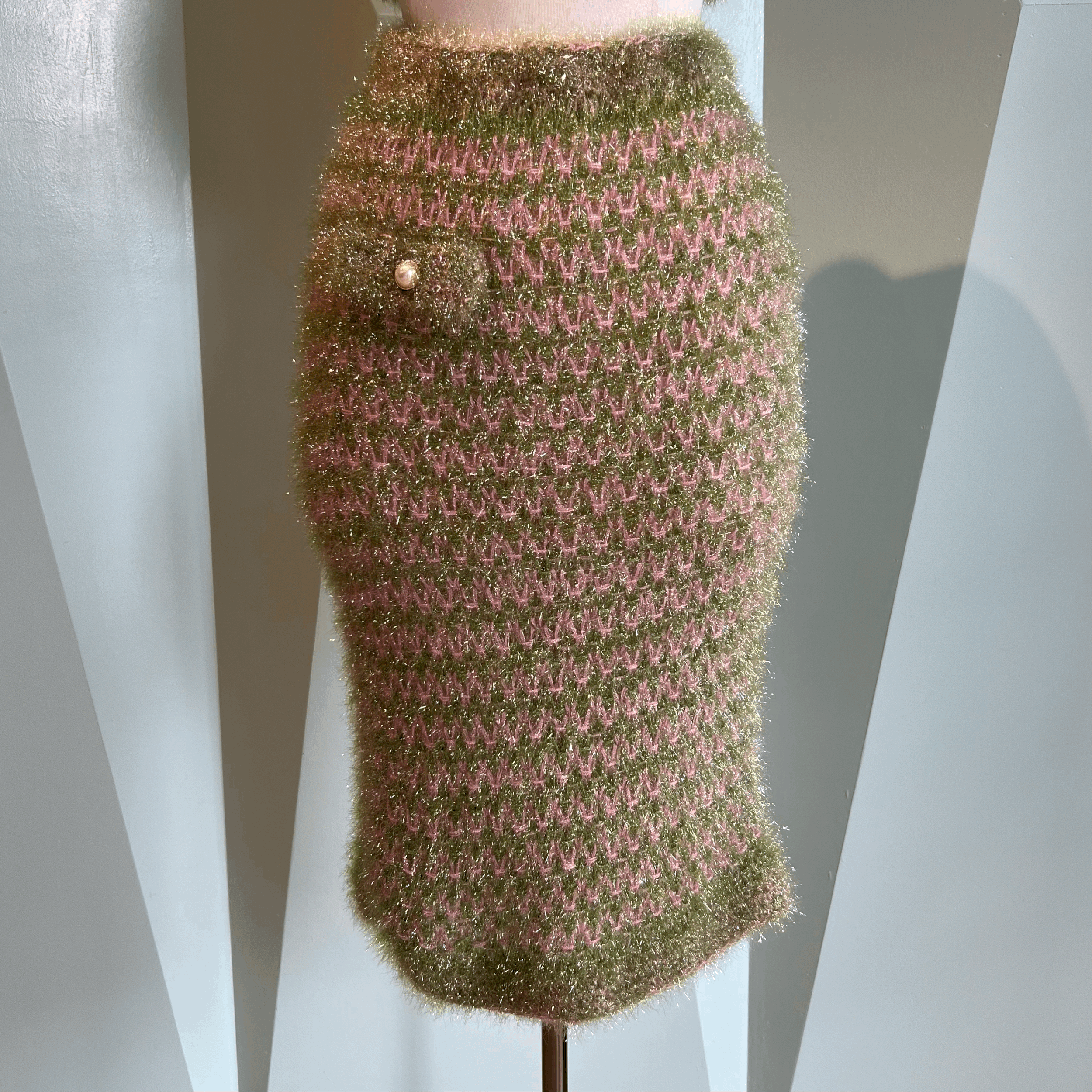 Rodarte Hand Knit Pencil Skirt in Moss Green and Pink Knit Tweed XS/S Only