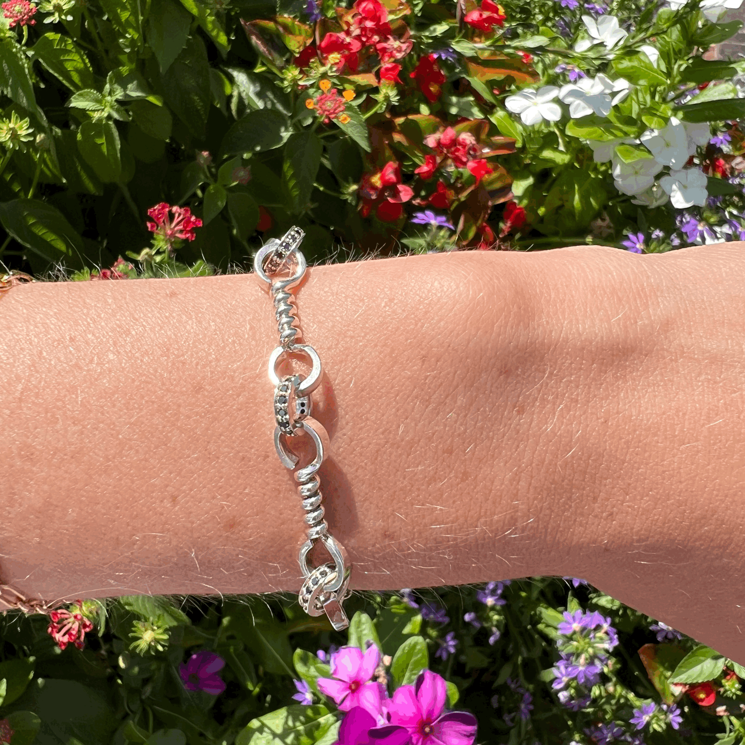 Nancy Newberg Polished Silver Twist Bar Link Bracelet with Black Diamonds