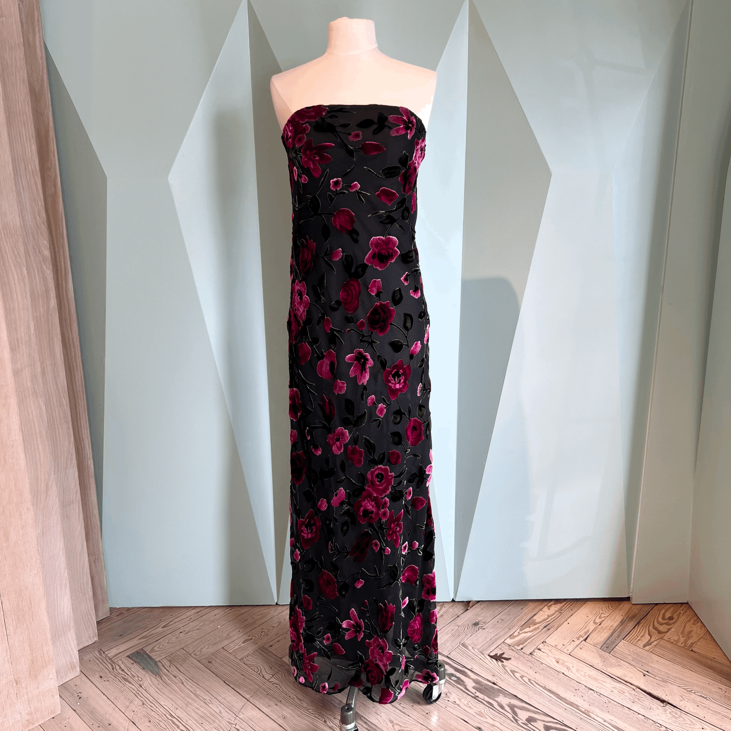 Rodarte Black and Pink Velvet Devore Strapless Gown