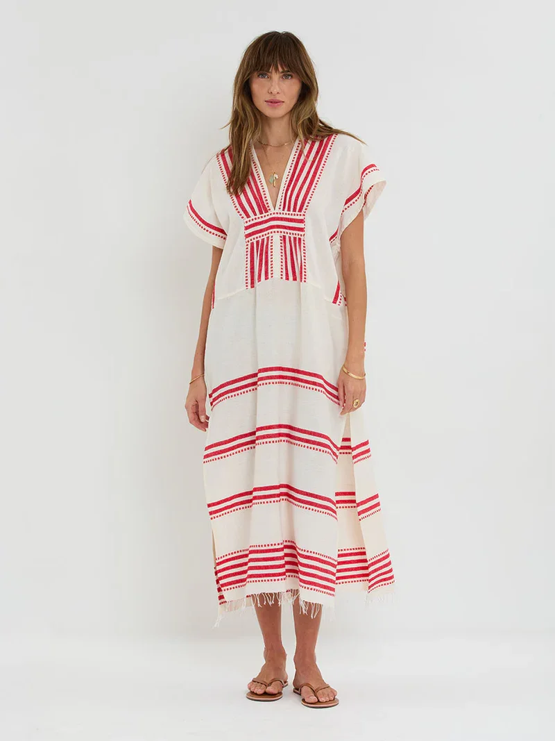 Lemlem Gasira V Neck Long Caftan in Eshe Red