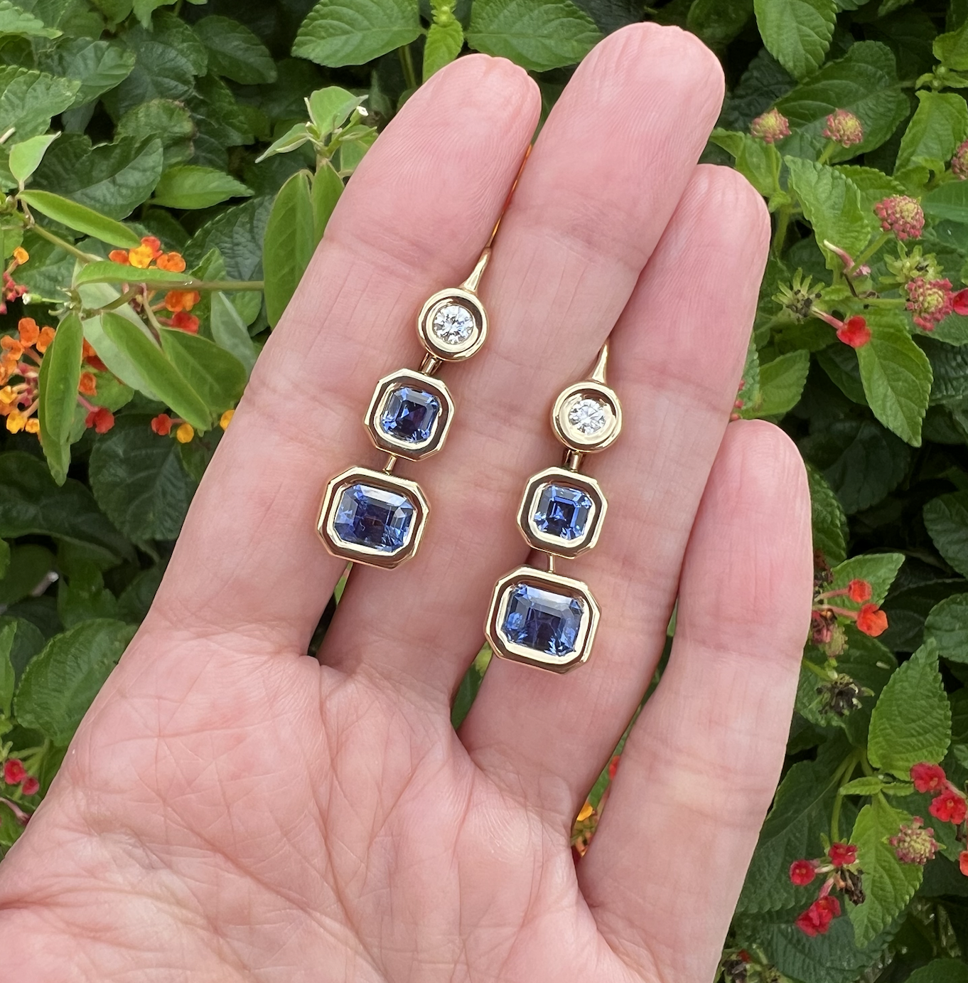 Brent Neale One of a Kind Pillow Drop Earrings with Emerald and Asscher Cut Blue Sapphires and Diamonds