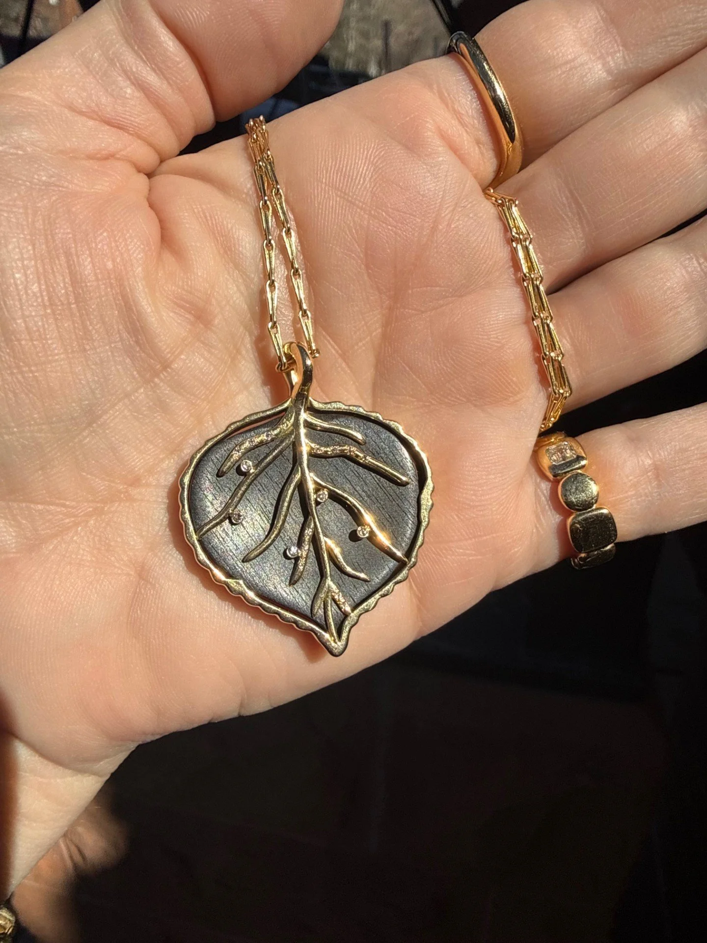 Brent Neale Carved Ebony 18K Gold Large Aspen Leaf Necklace - ETC EXCLUSIVE