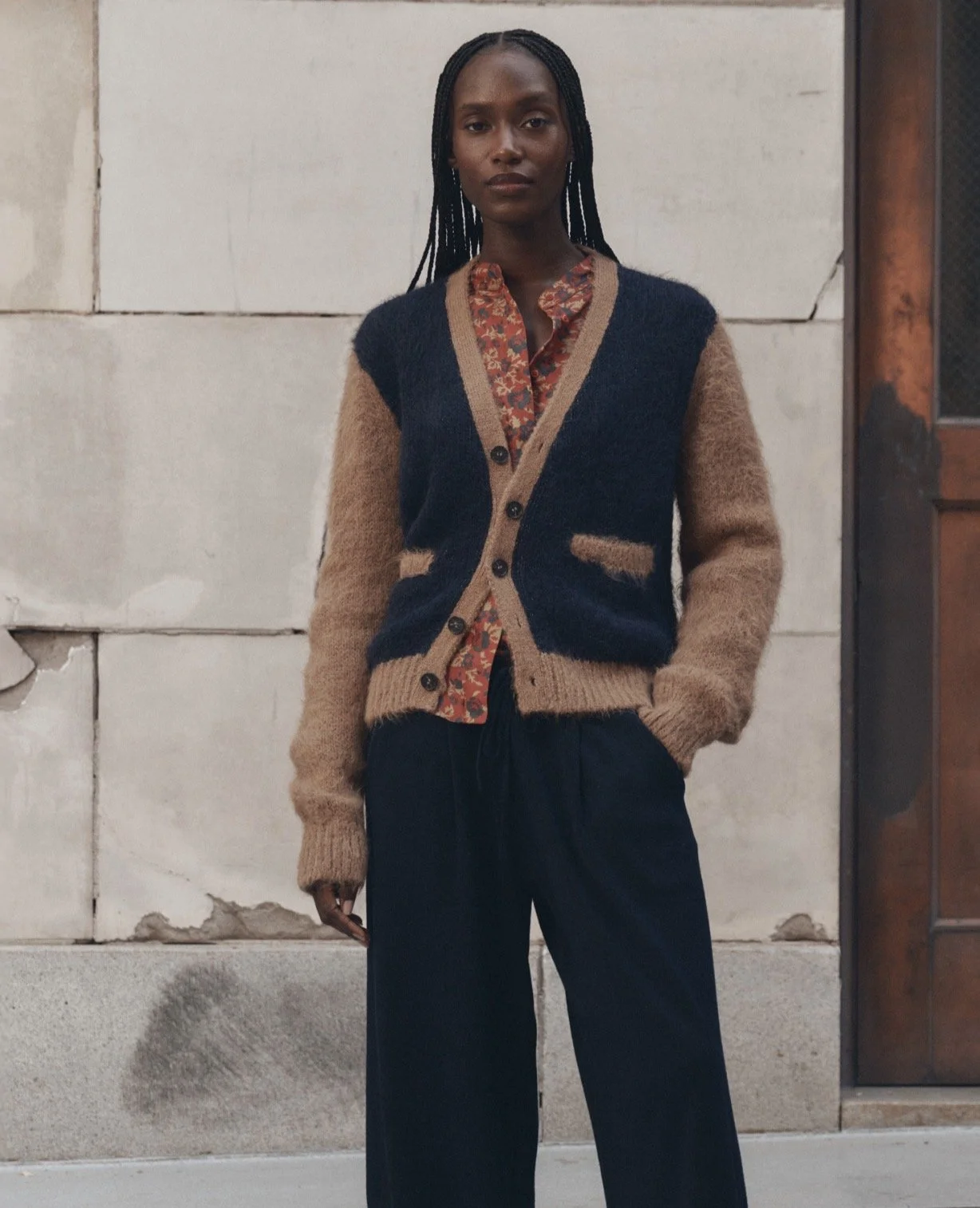 The Great Wellington Cardigan in Tan and Navy