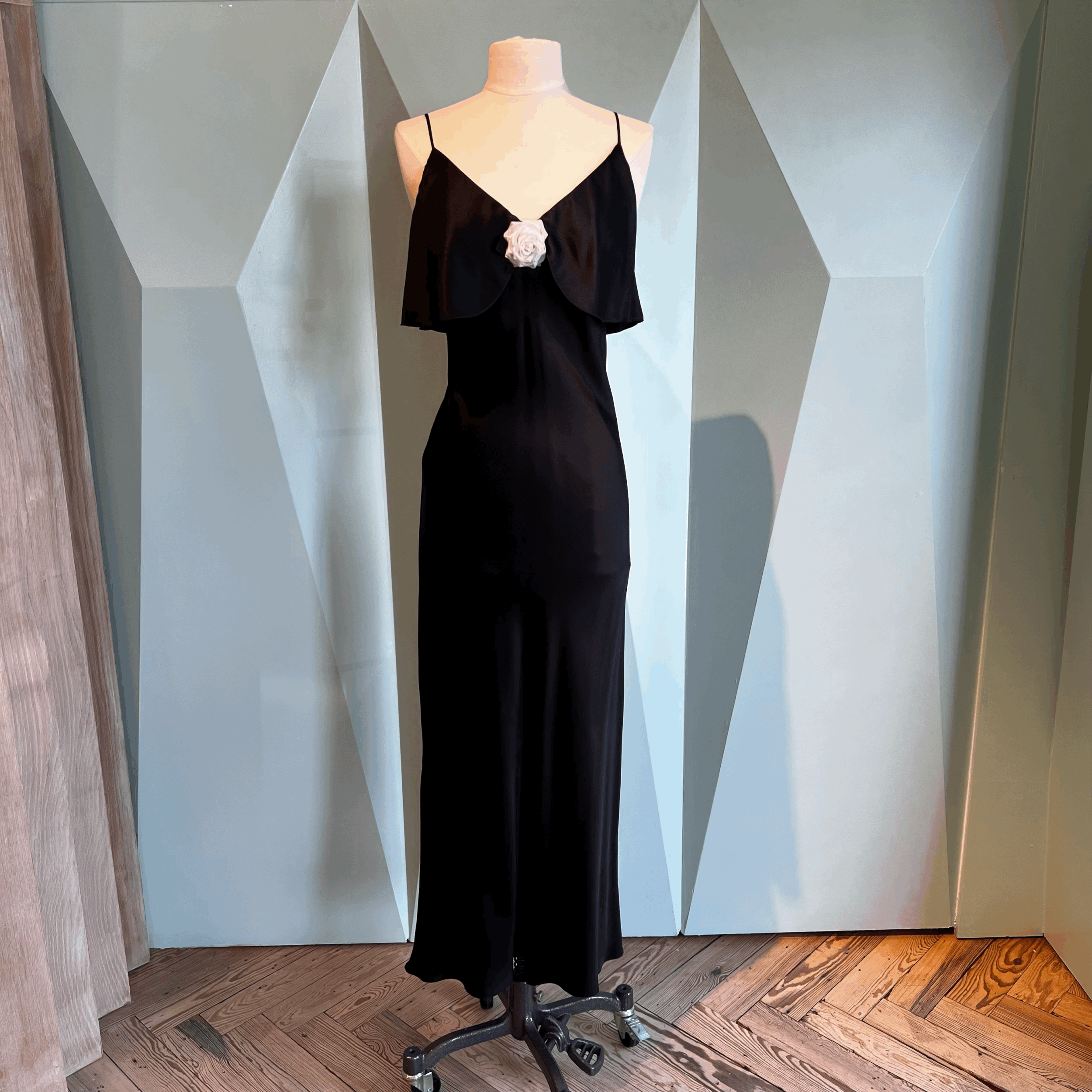 Rodarte Black Satin Charmeuse Bias Slip Dress with Ruffle Bust and Silk Flower