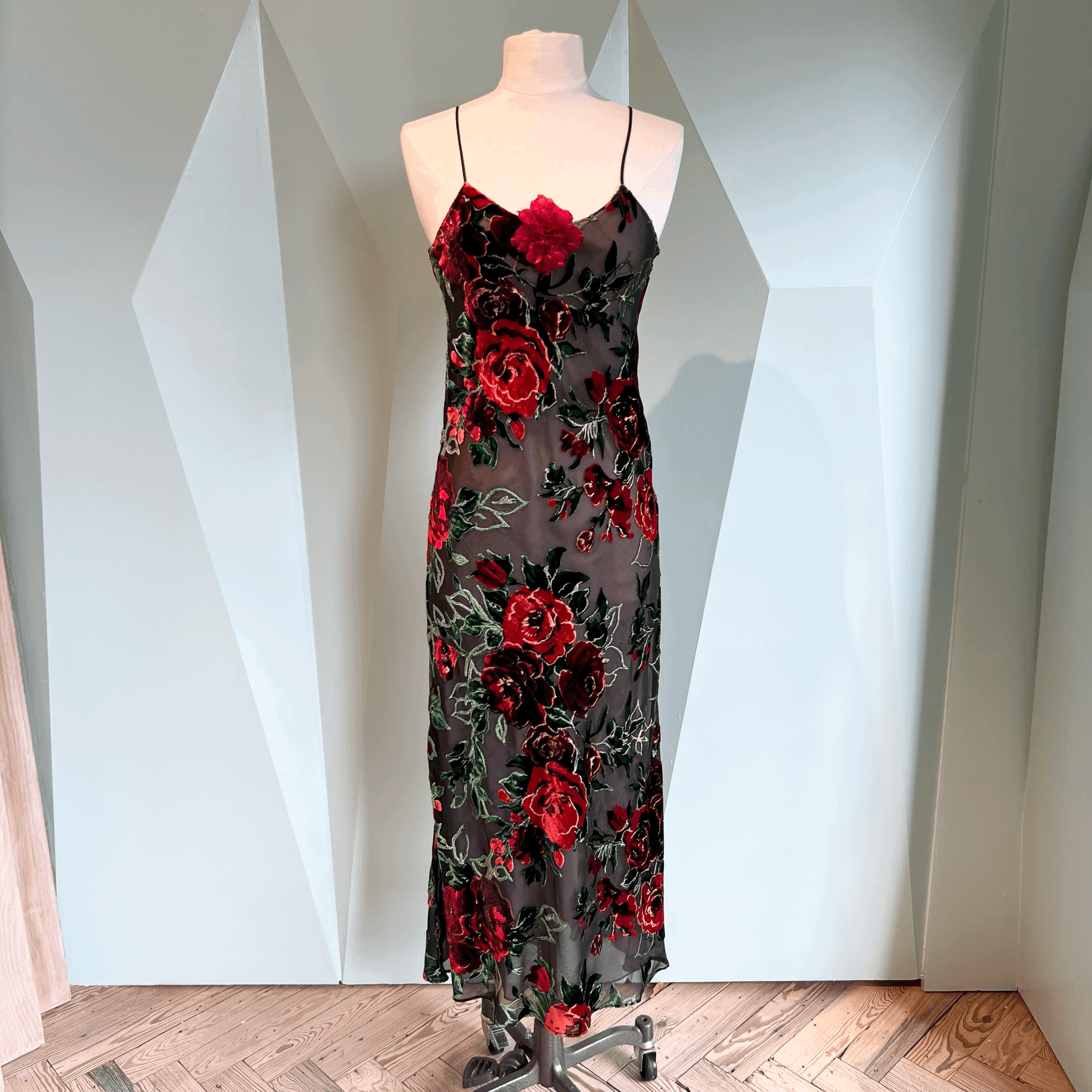 Rodarte Red Rose Velvet Devore Slip Dress with Flower - size 4 only