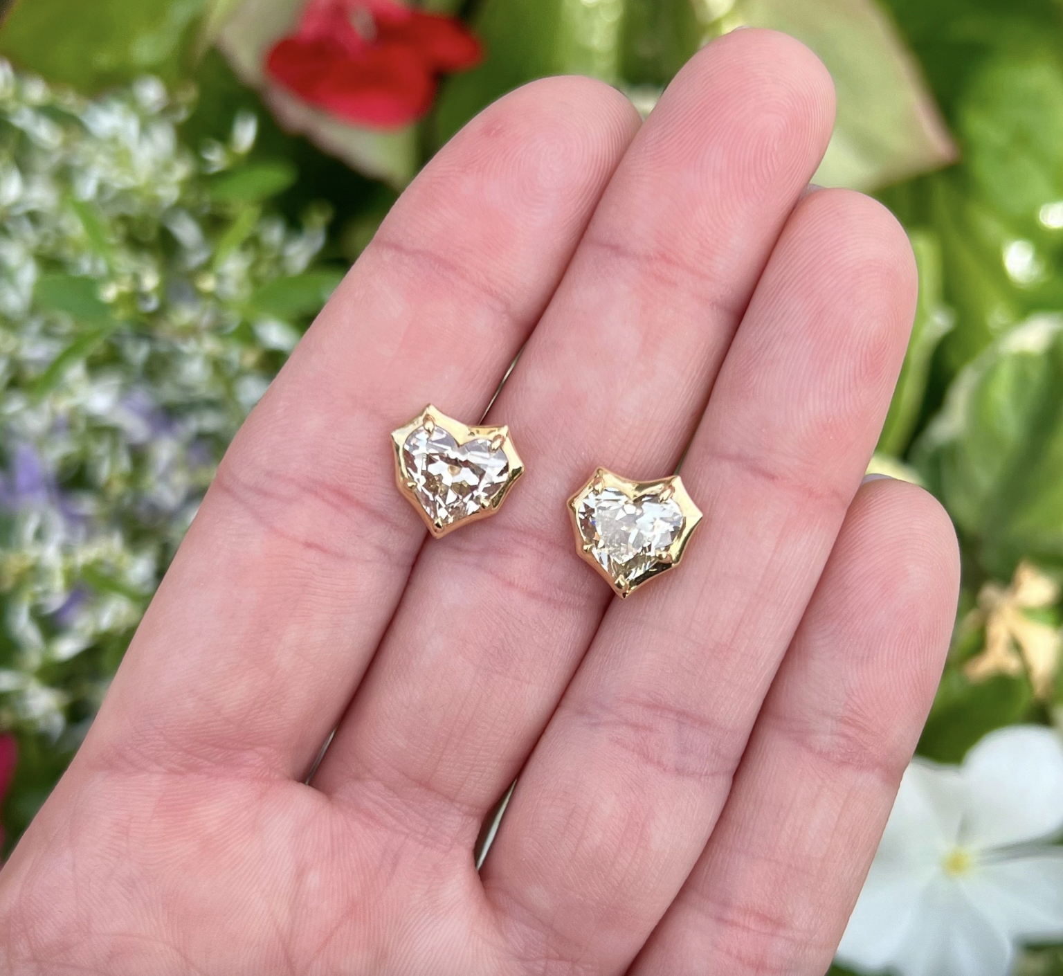 Jade Trau One of a Kind Alchemy Antique Heart Studs 18K Yellow Gold