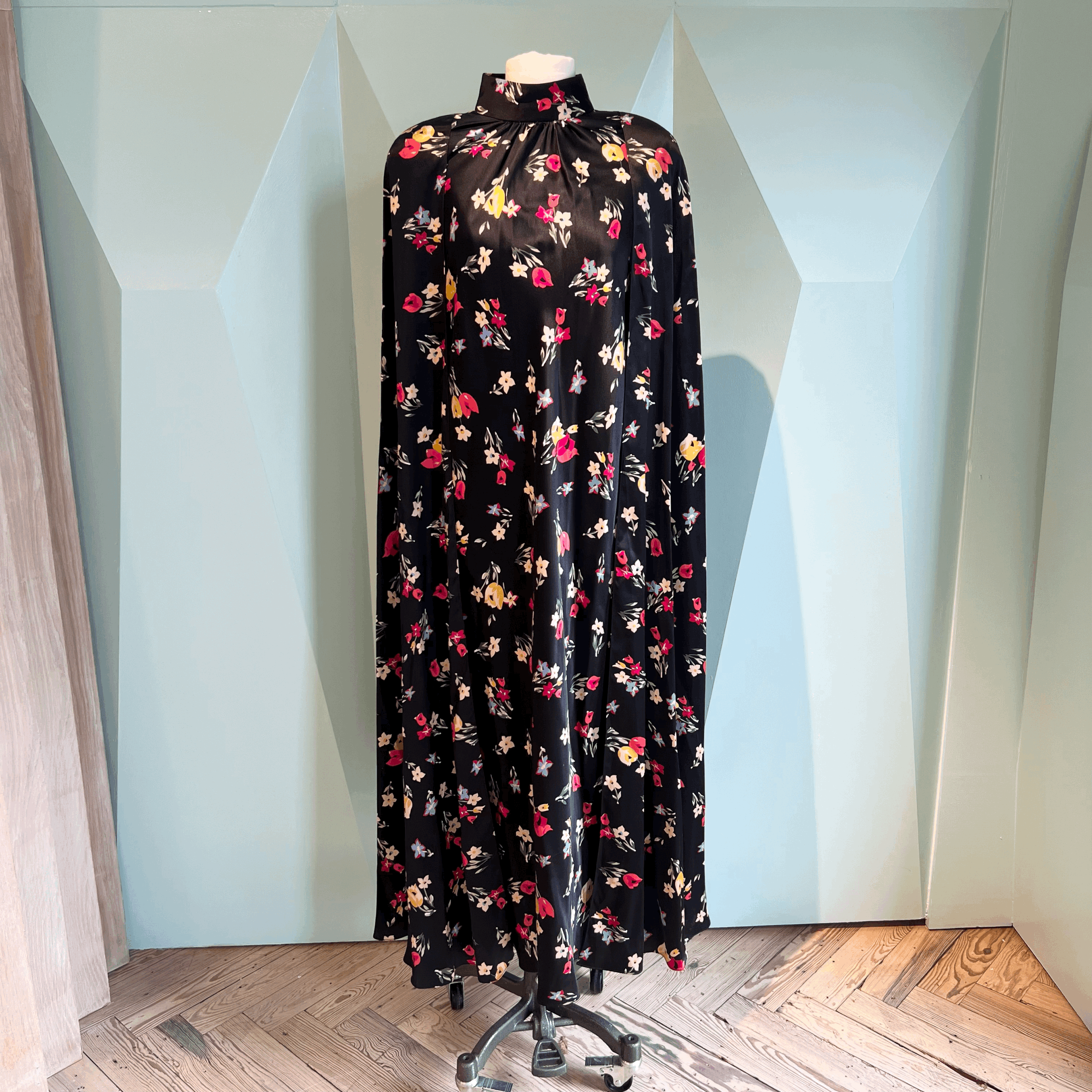 Rodarte Rodarte Black and Multicolor Tulip Printed Silk Satin Cape Dress