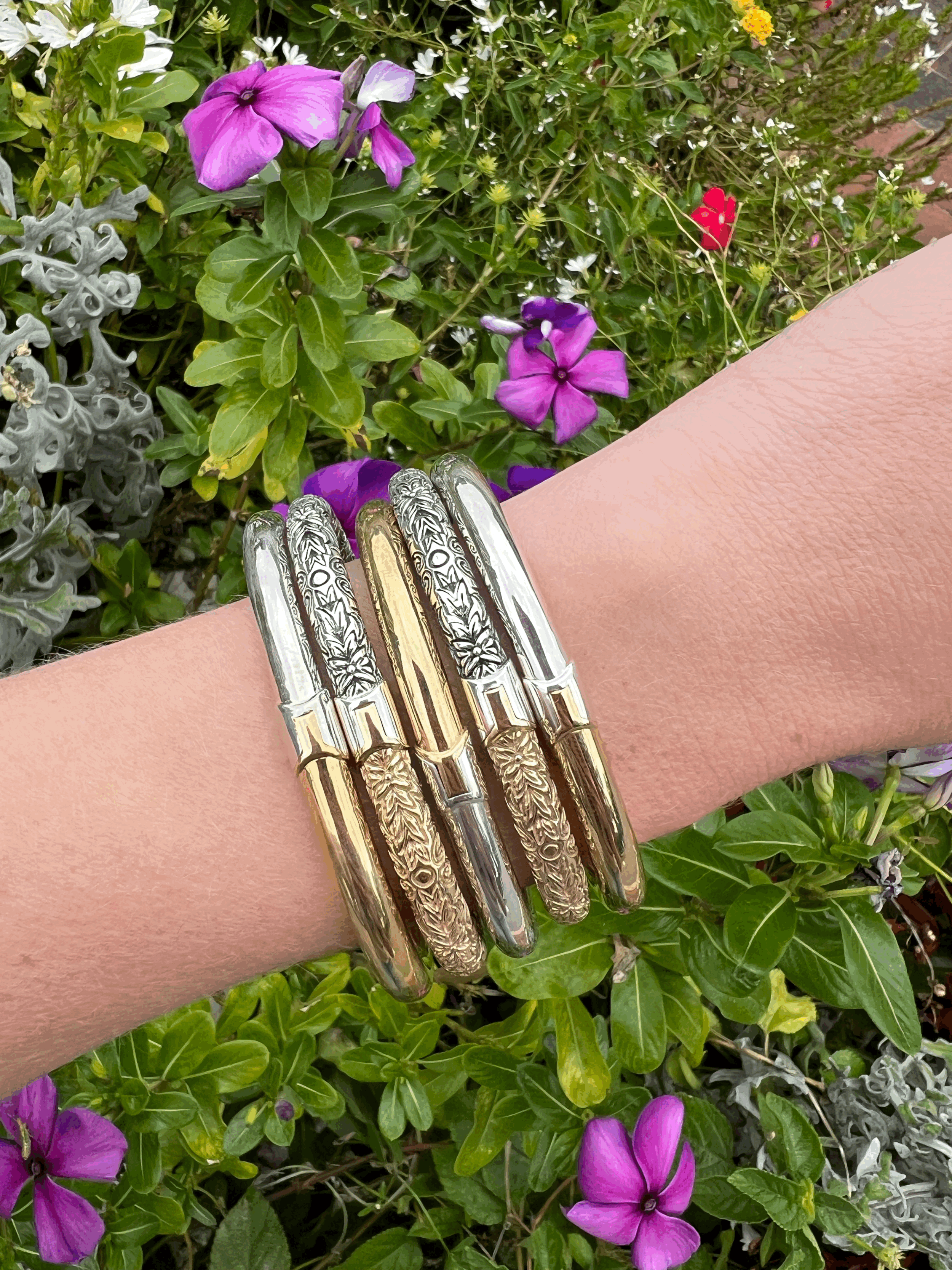 Marla Aaron Embossed Hinged Cuffling in Silver and Brass