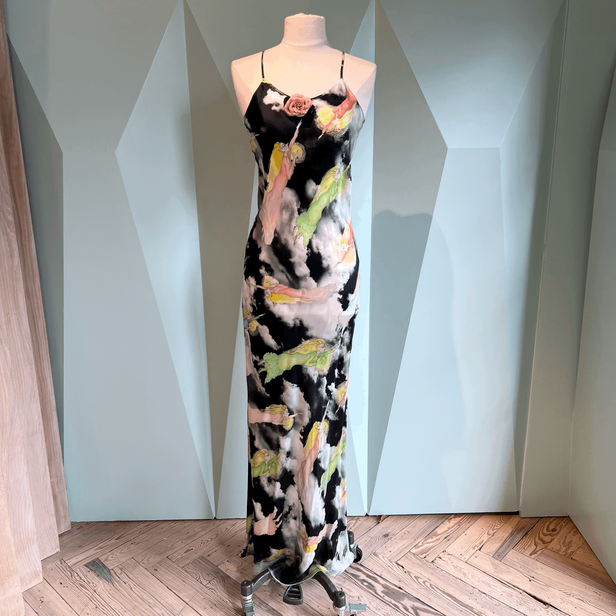 Rodarte Grey Cloud and Fairy Printed Silk Satin Bias Slip Dress size 2 only