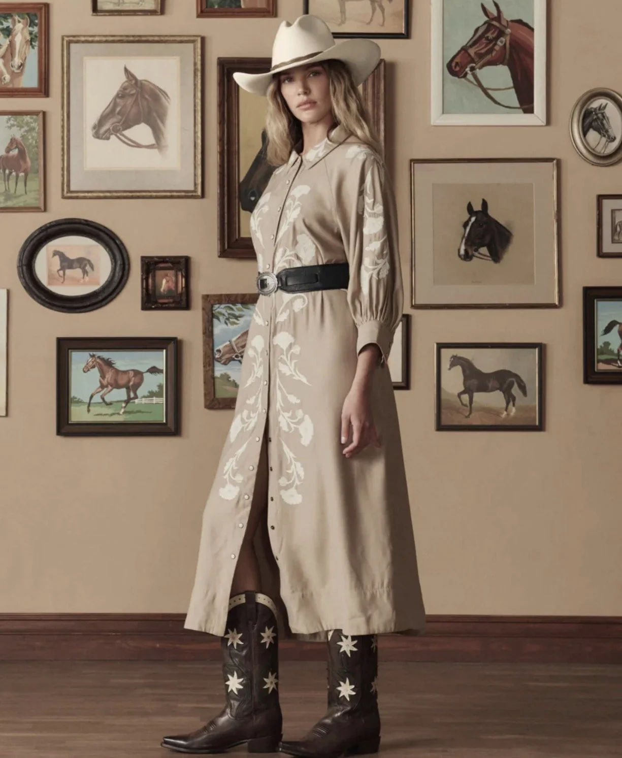 The Great x Stetson Embroidered Herd Dress in Soft Tan and Crème